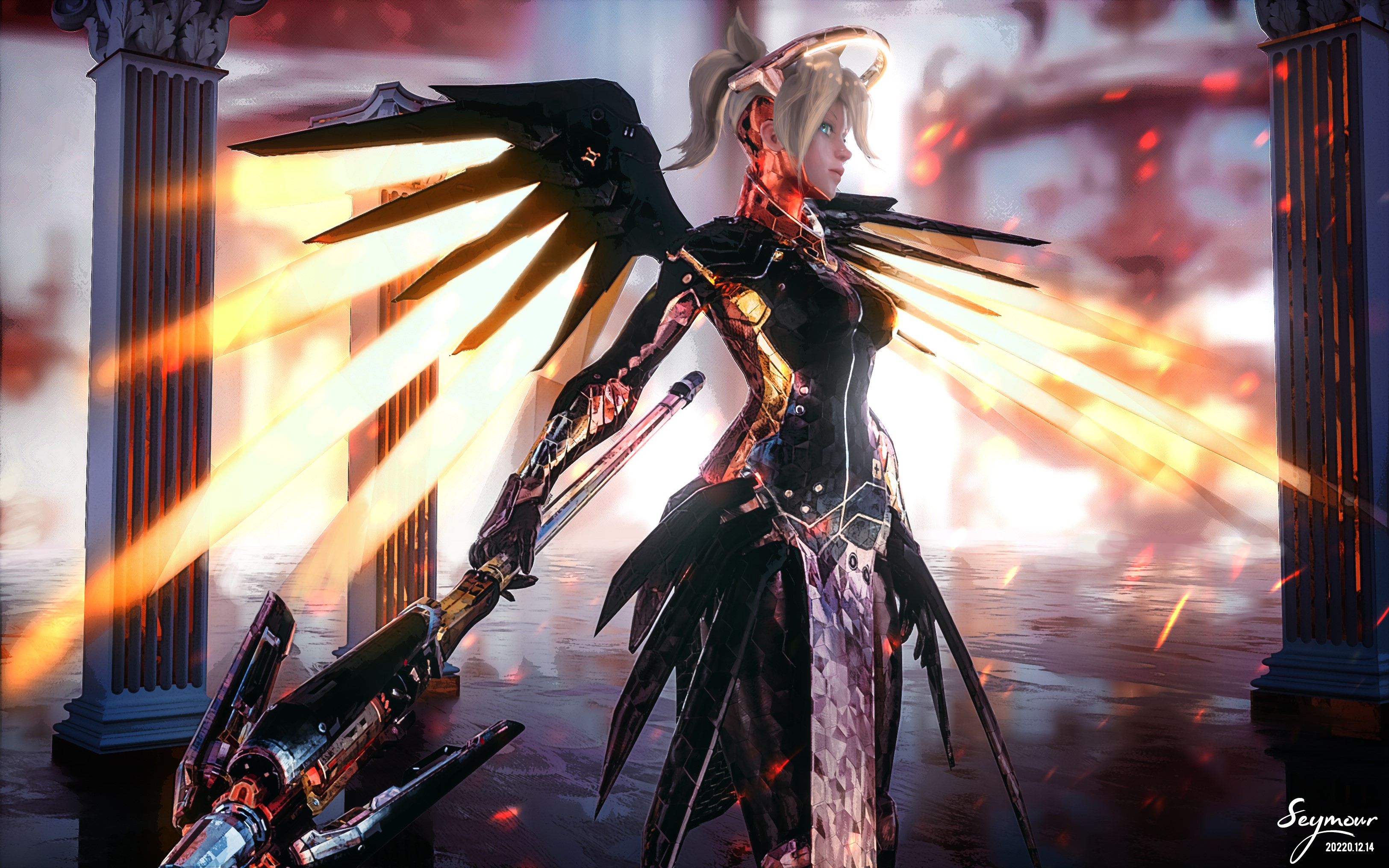 Mercy from Overwatch with large wings and staff HD Wallpaper