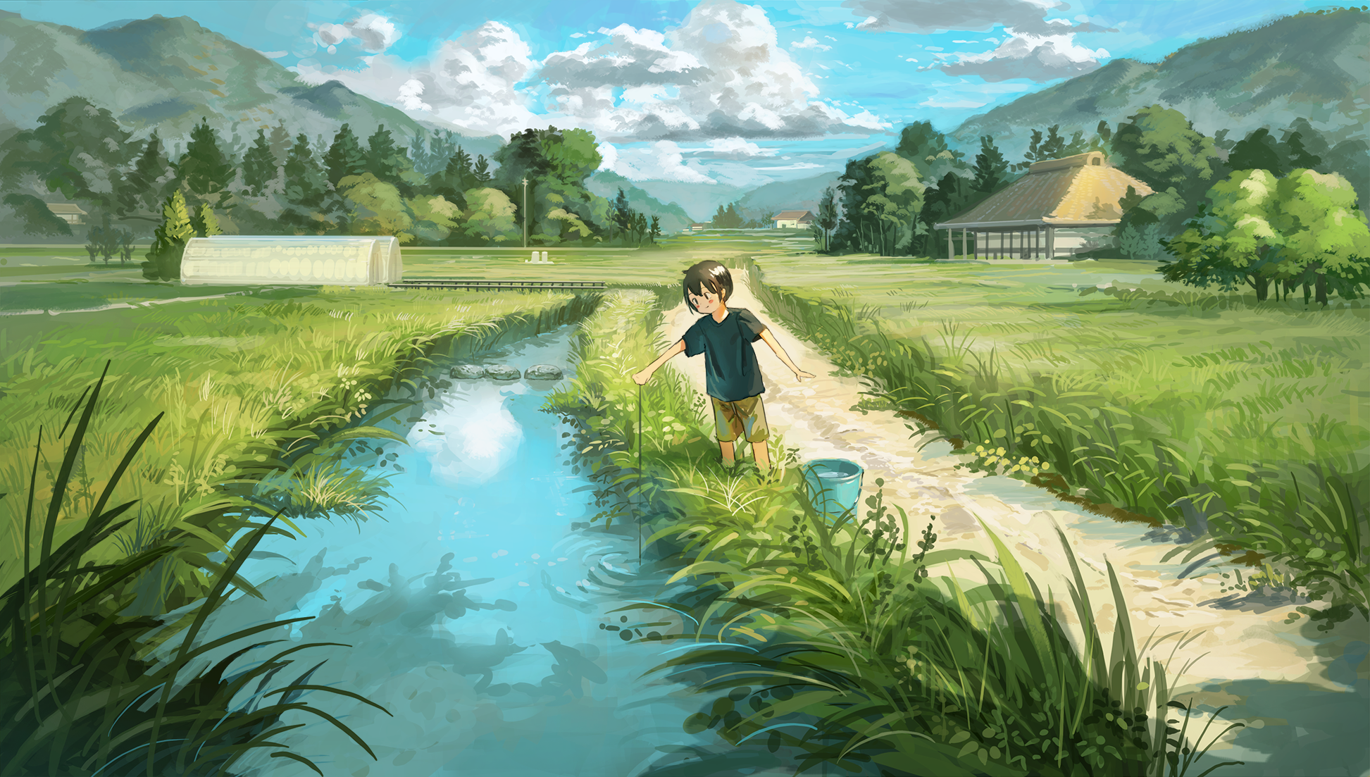 Anime boy fishing in a rice paddy with mountains HD Wallpaper