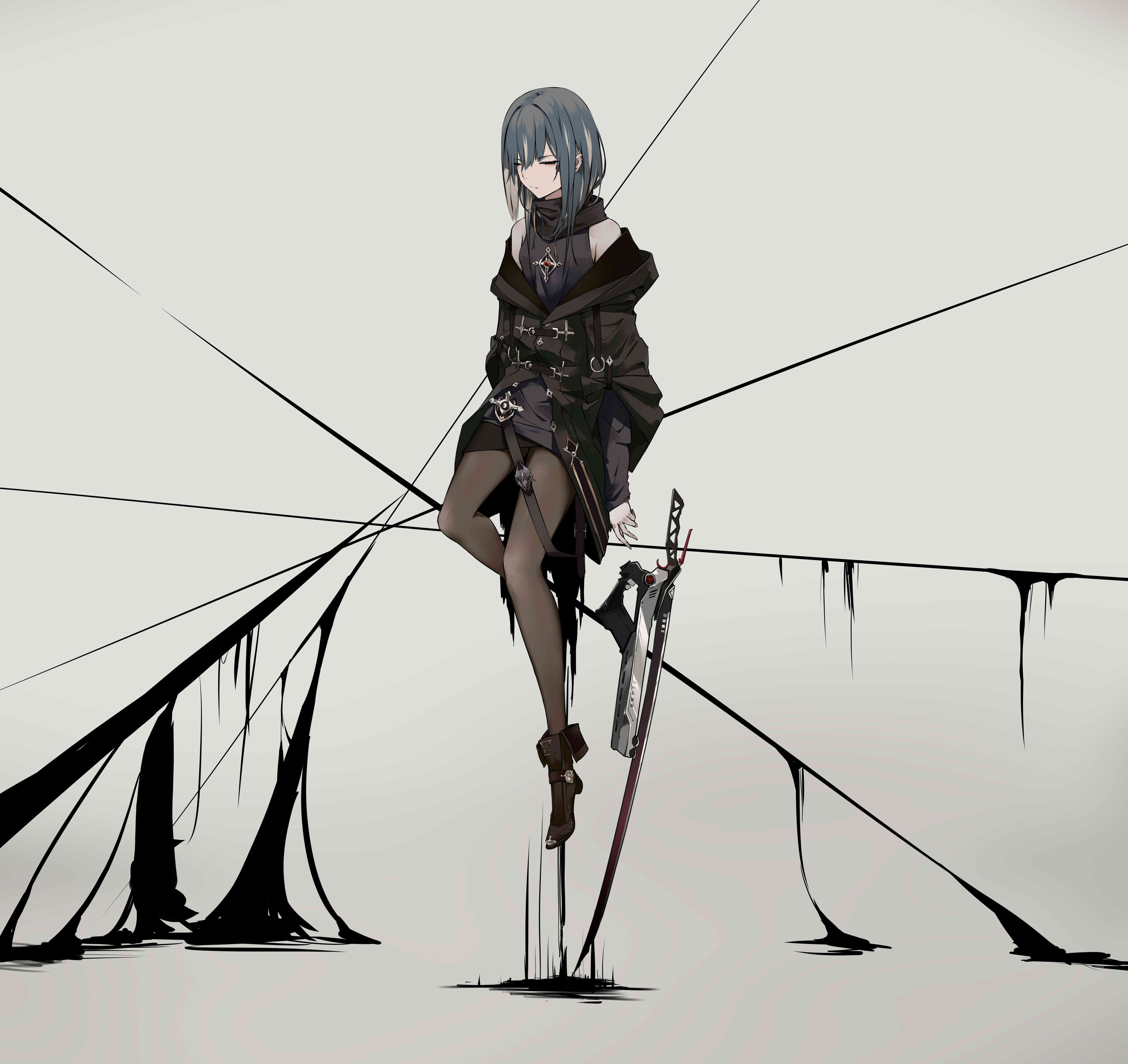 Anime girl with sword and black ink HD Wallpaper