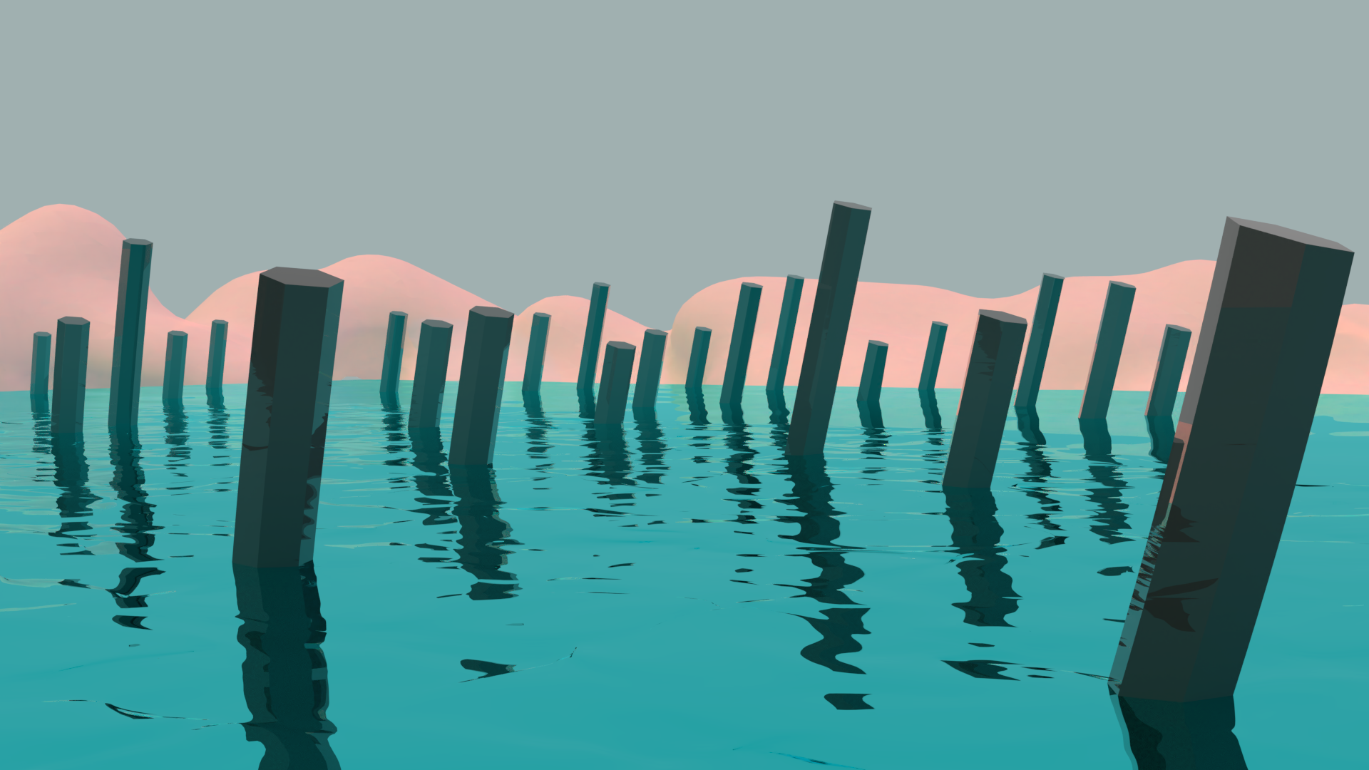 Abstract pillars in water with pink hills HD Wallpaper