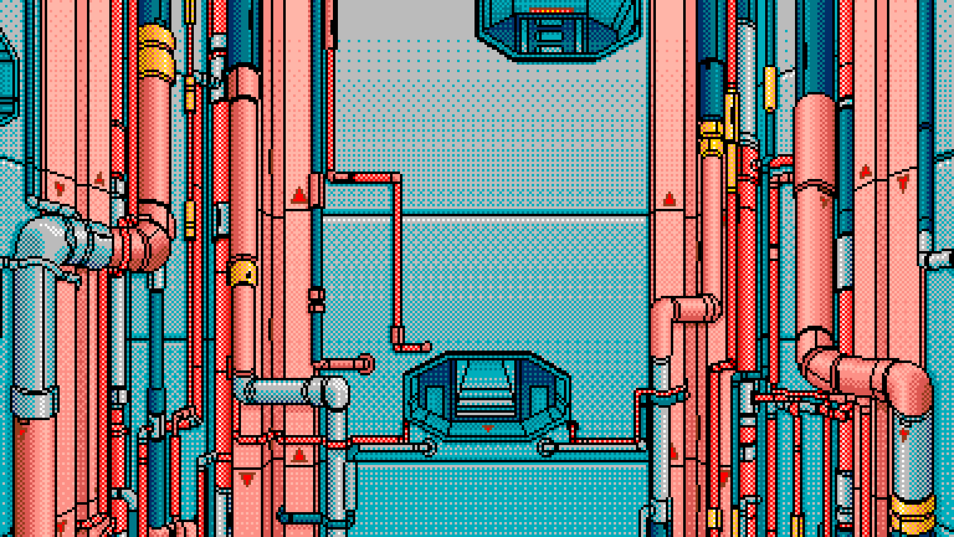 Science fiction industrial interior with pipes HD Wallpaper