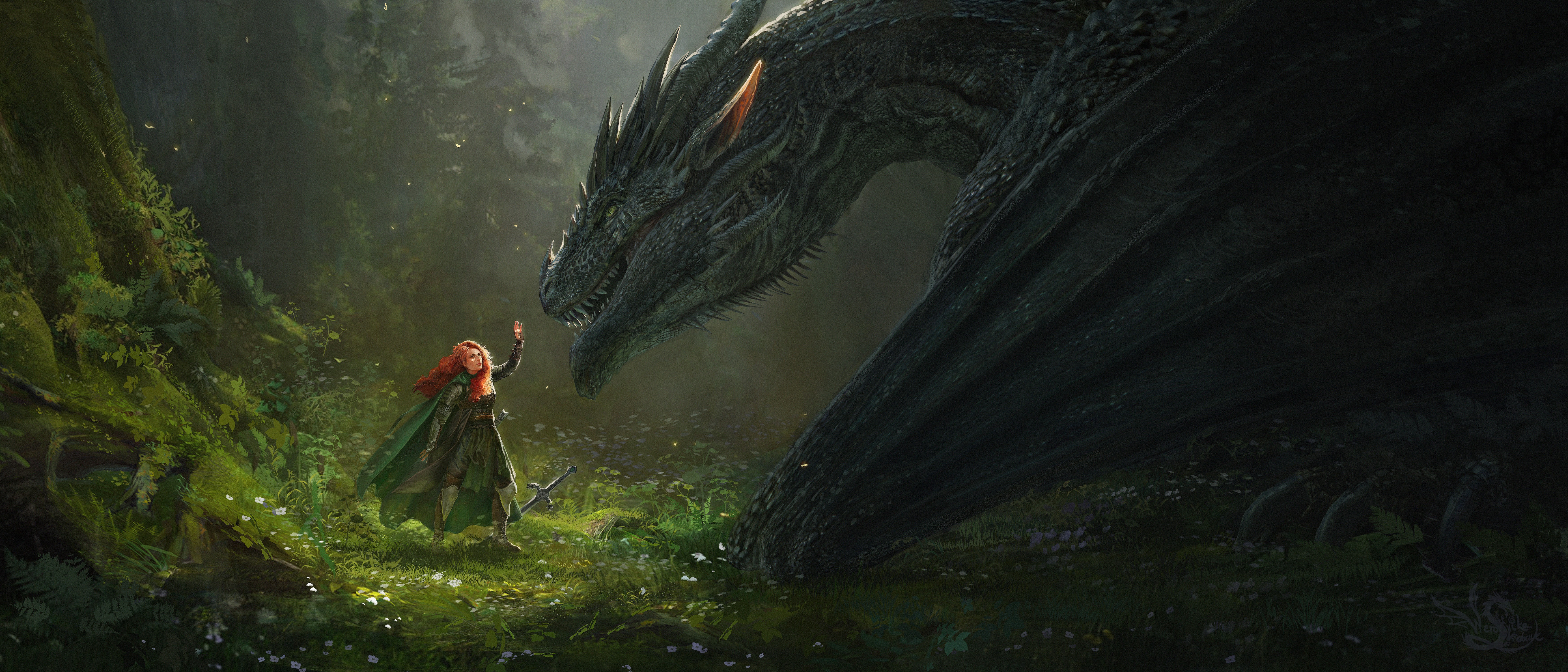 Fantasy girl and dragon in a forest HD Wallpaper