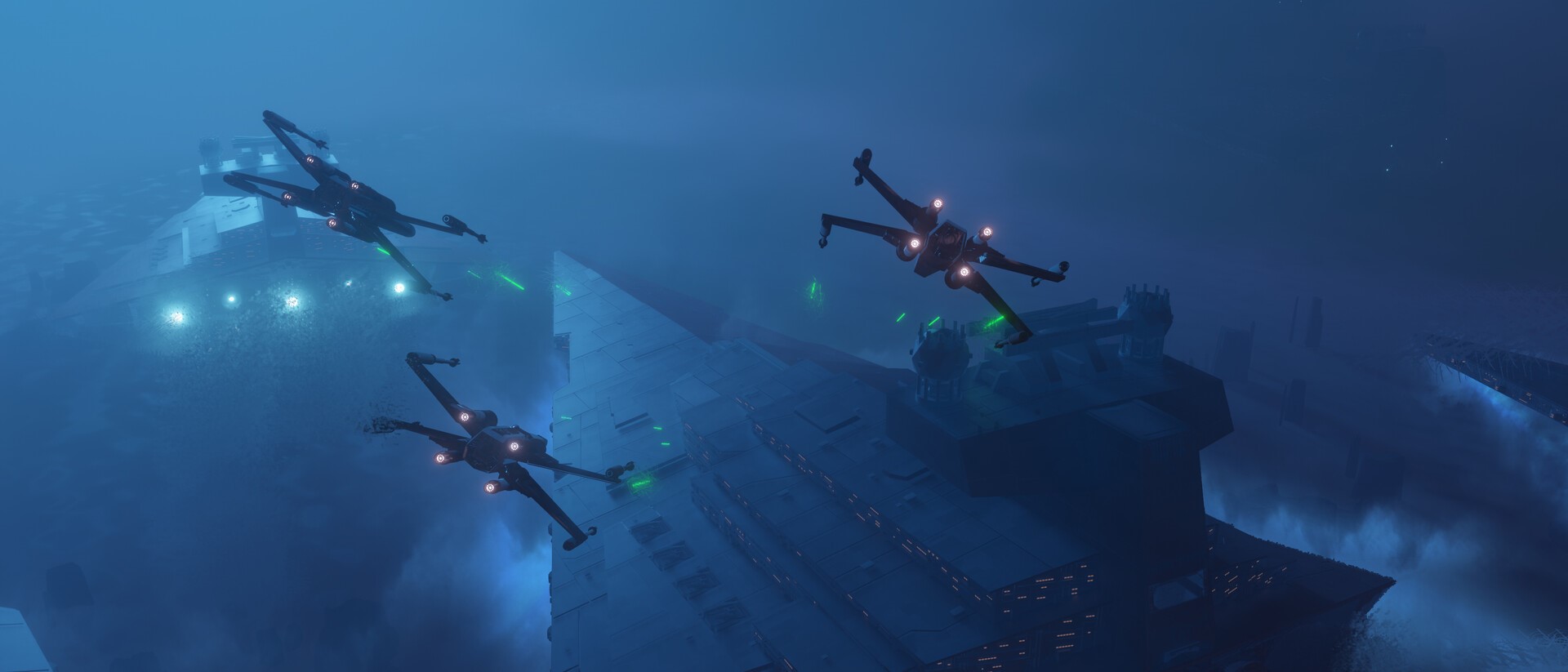 Star Wars X-wings attack Star Destroyers in foggy sky HD Wallpaper