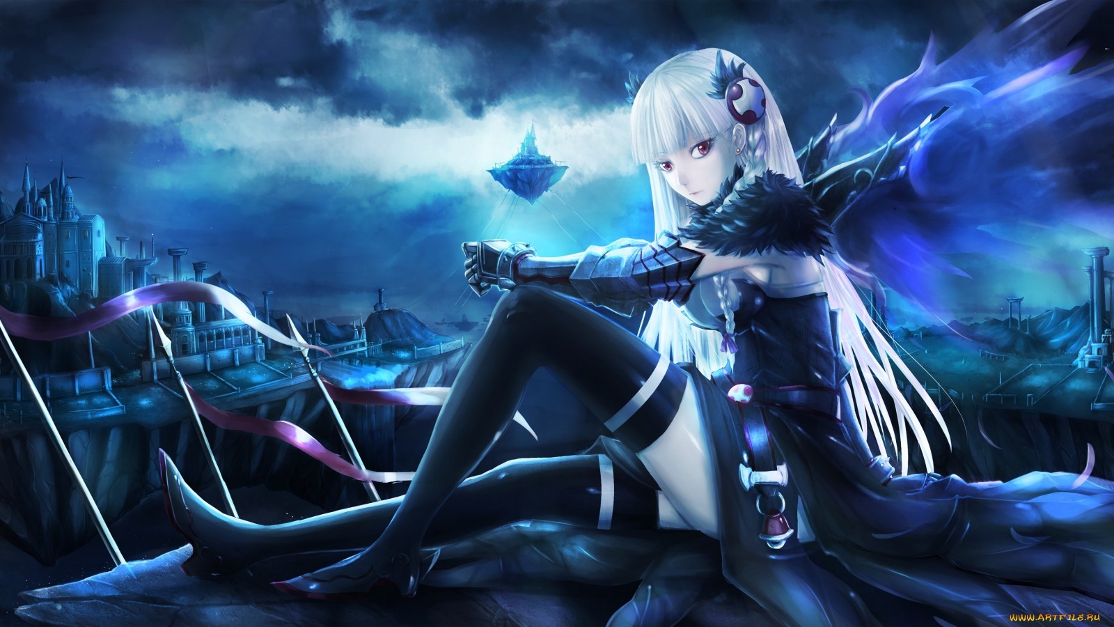 Valkyrie from Puzzle & Dragons sitting in a fantasy landscape HD Wallpaper