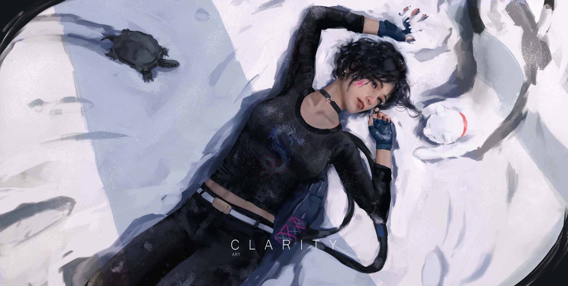 Girl and turtle lying on snow HD Wallpaper