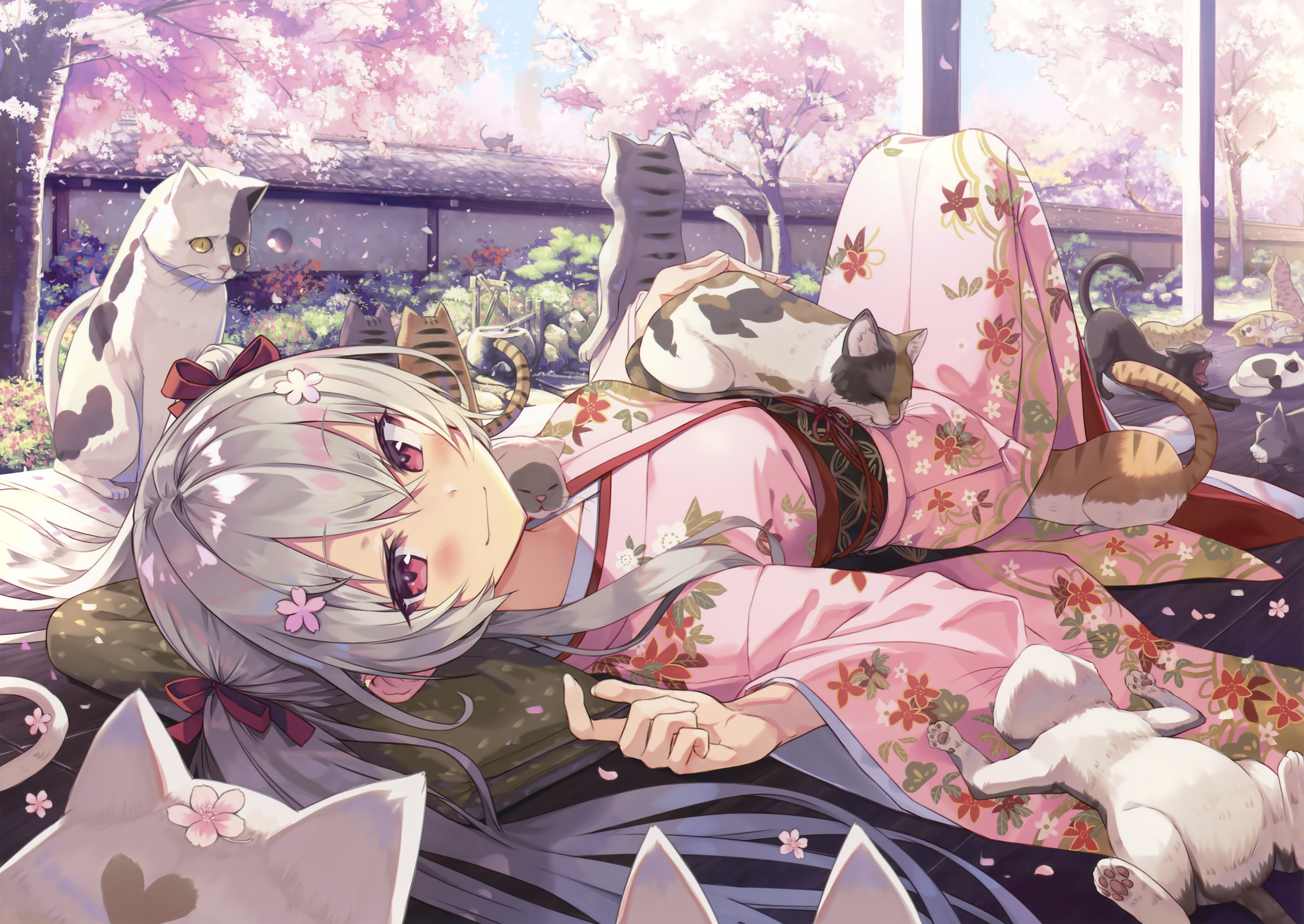 Anime girl in kimono surrounded by cats under cherry blossoms HD Wallpaper