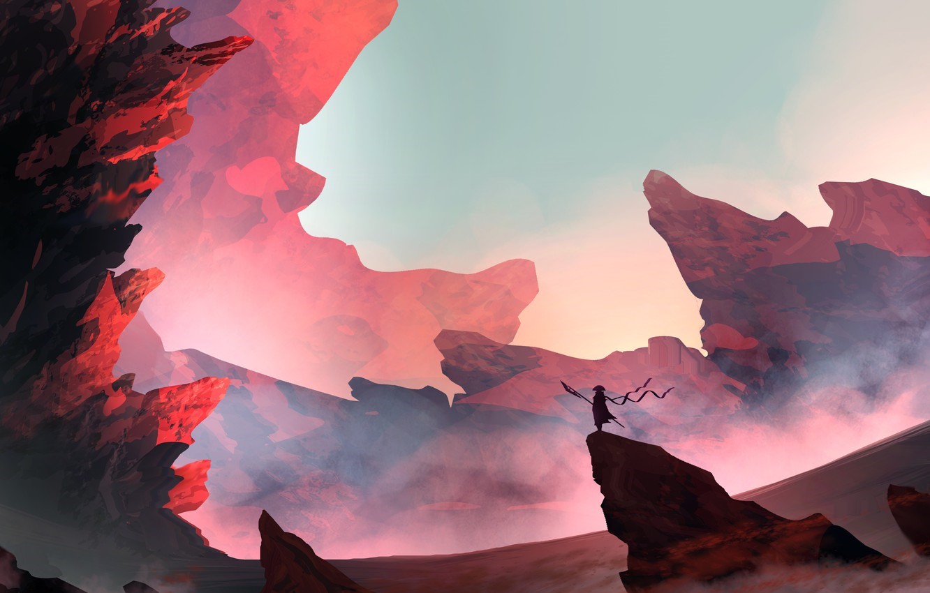 Fantasy landscape with a lone figure on a rock HD Wallpaper