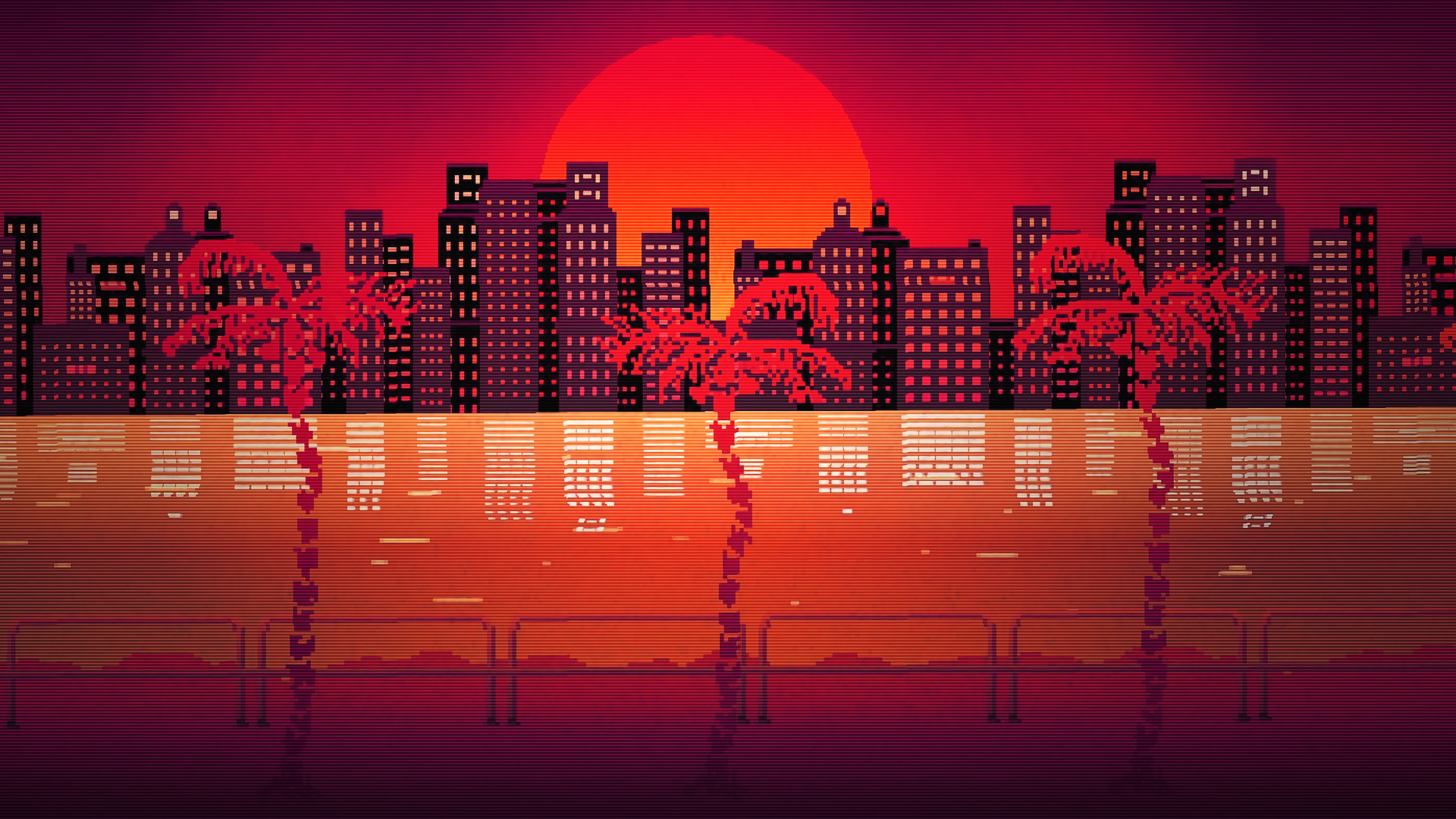 Retrowave cityscape with palm trees at sunset HD Wallpaper