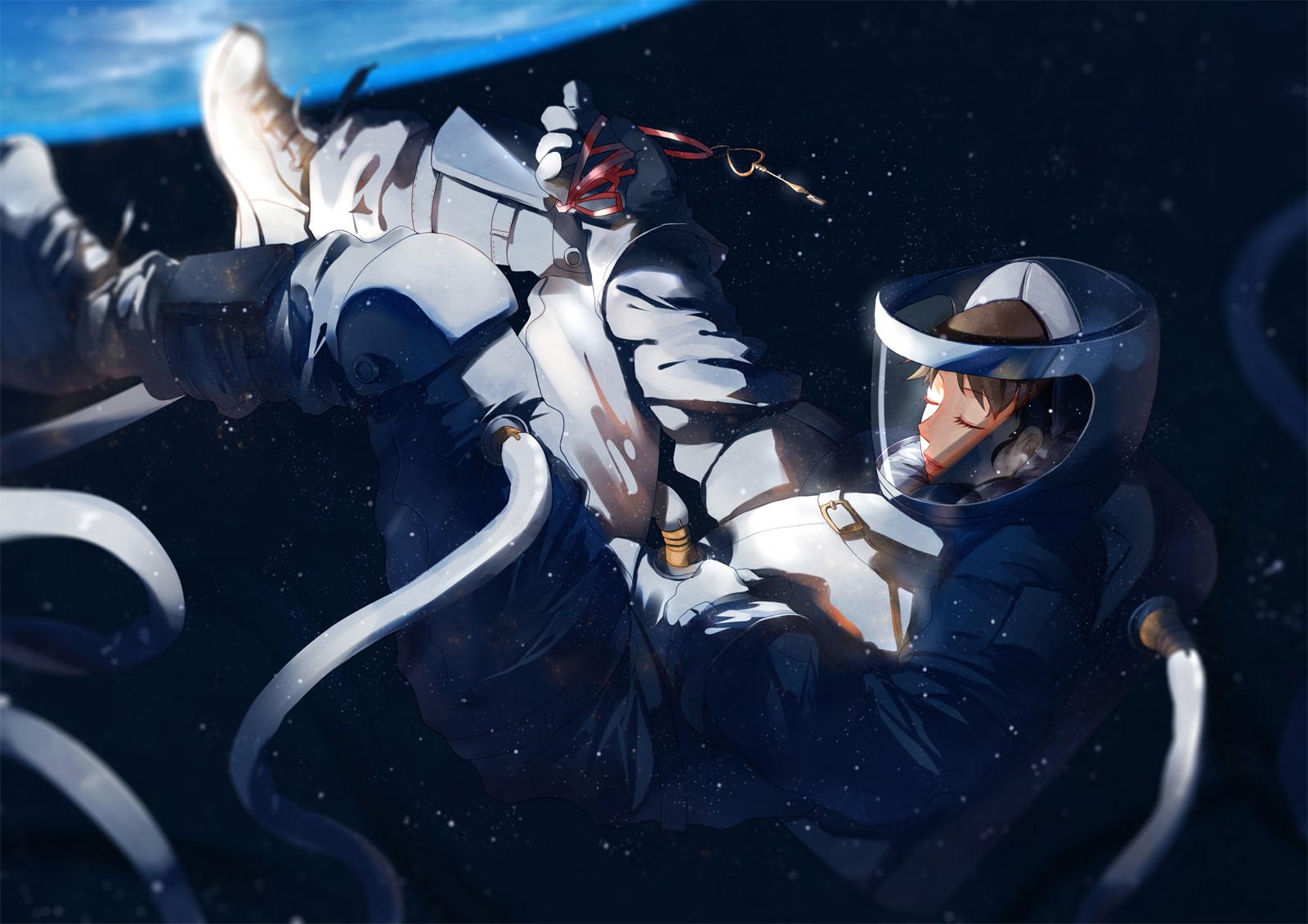 Anime astronaut floating in space with planet and stars HD Wallpaper