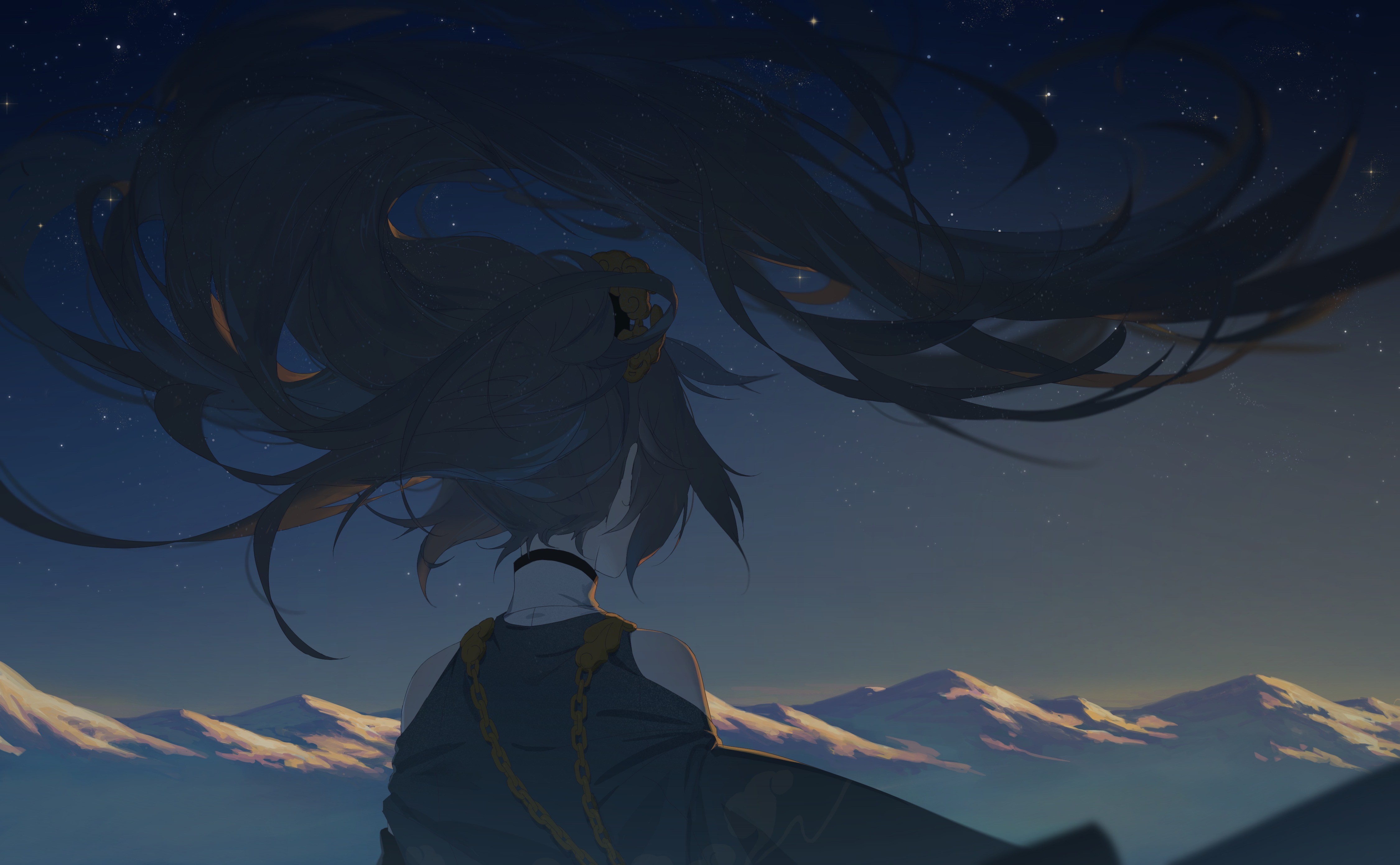 Anime girl with long hair under starry sky HD Wallpaper