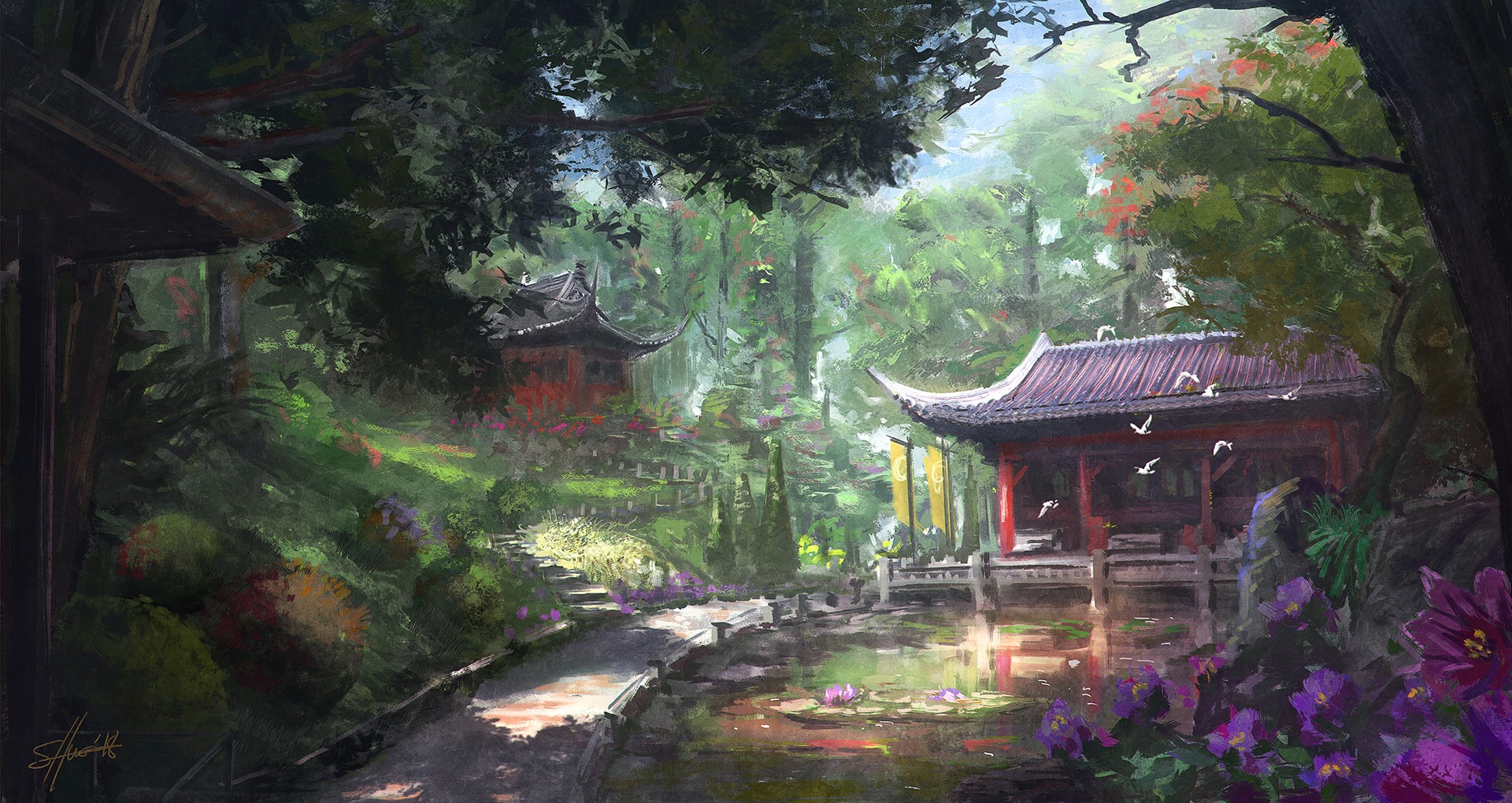 Digital painting of a serene garden with traditional Asian architecture HD Wallpaper