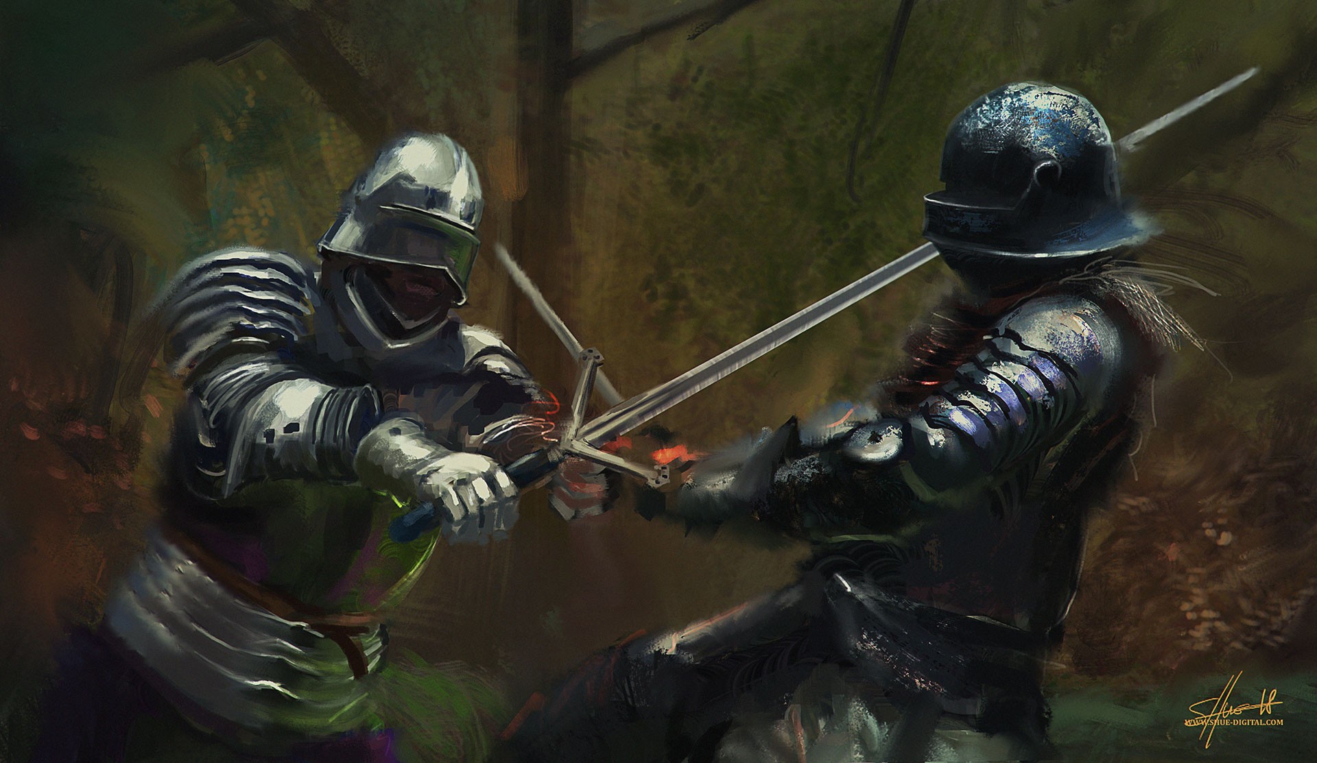 Two knights in armor fighting with swords in a forest HD Wallpaper