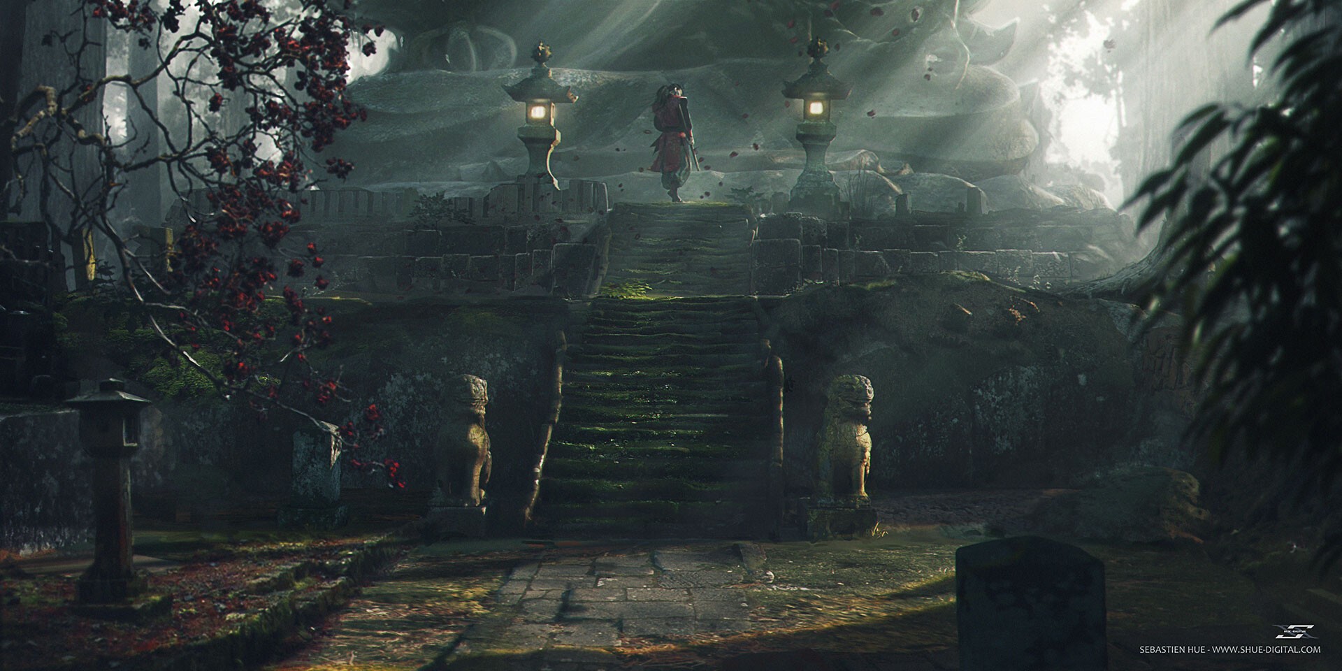 Samurai in a stone courtyard from Ghost of Tsushima fan art HD Wallpaper