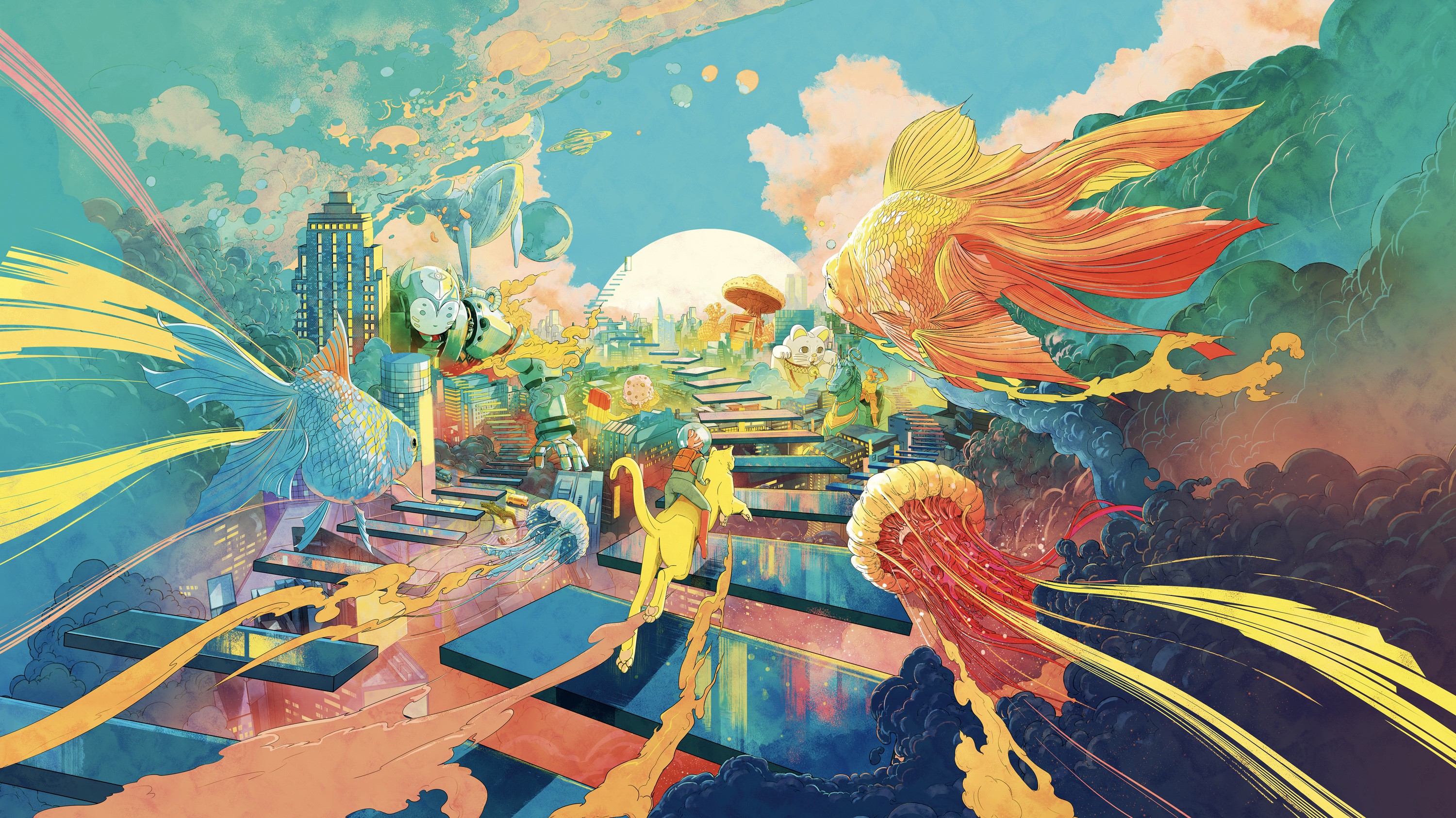 Fantasy city with fish, jellyfish, and cat rider HD Wallpaper