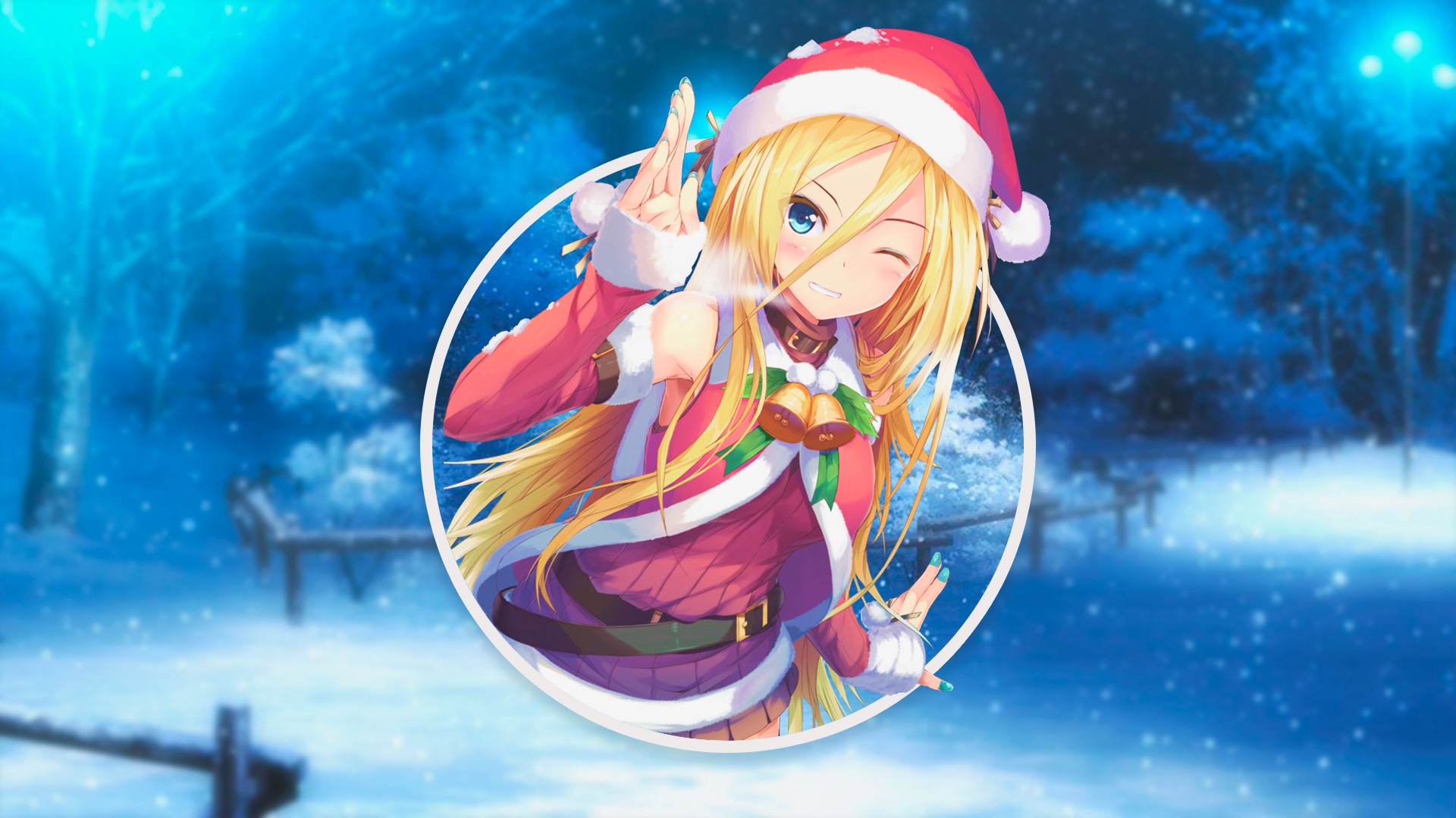 Anime girl in Christmas clothes with bells and Santa hat HD Wallpaper