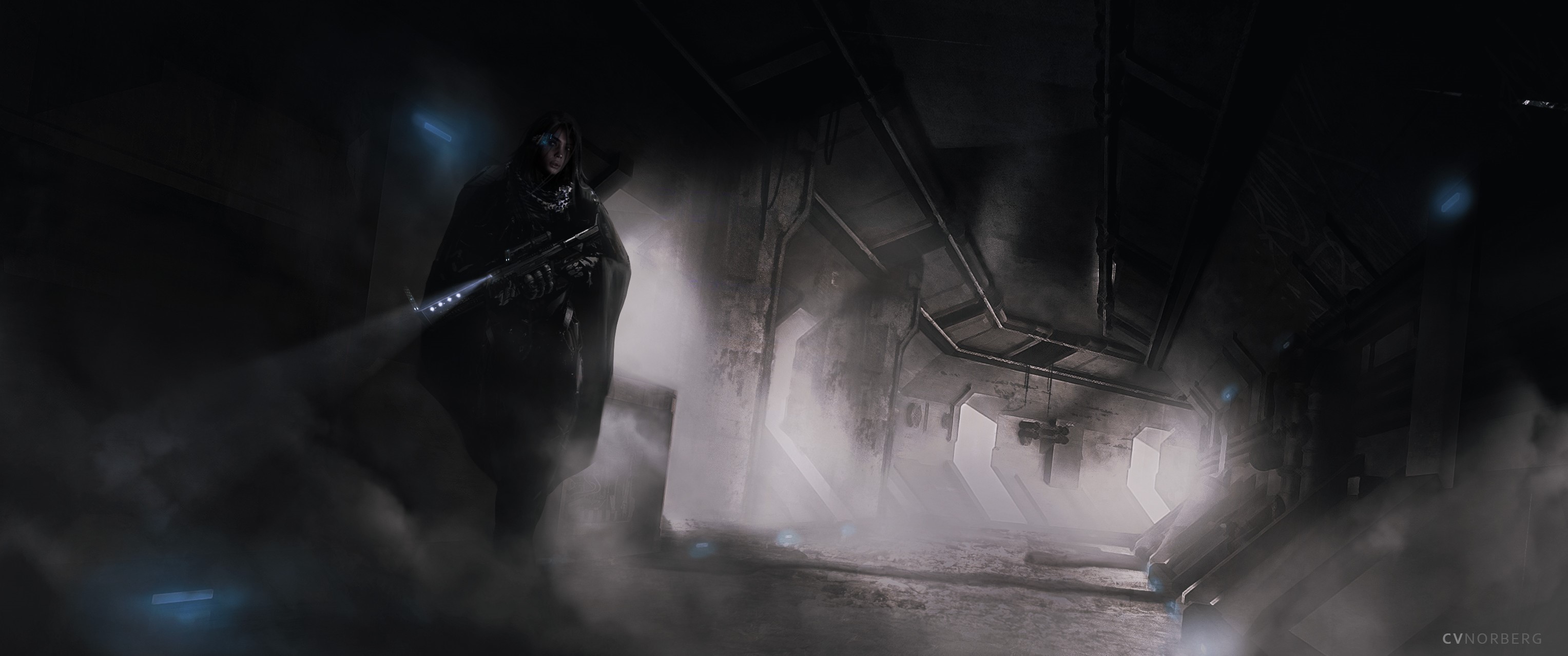 Woman with assault rifle in a dark misty tunnel HD Wallpaper