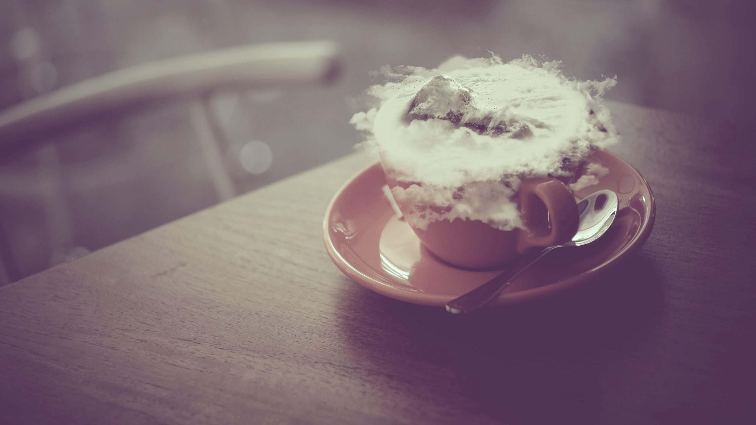 Coffee cup with mountain top and clouds HD Wallpaper