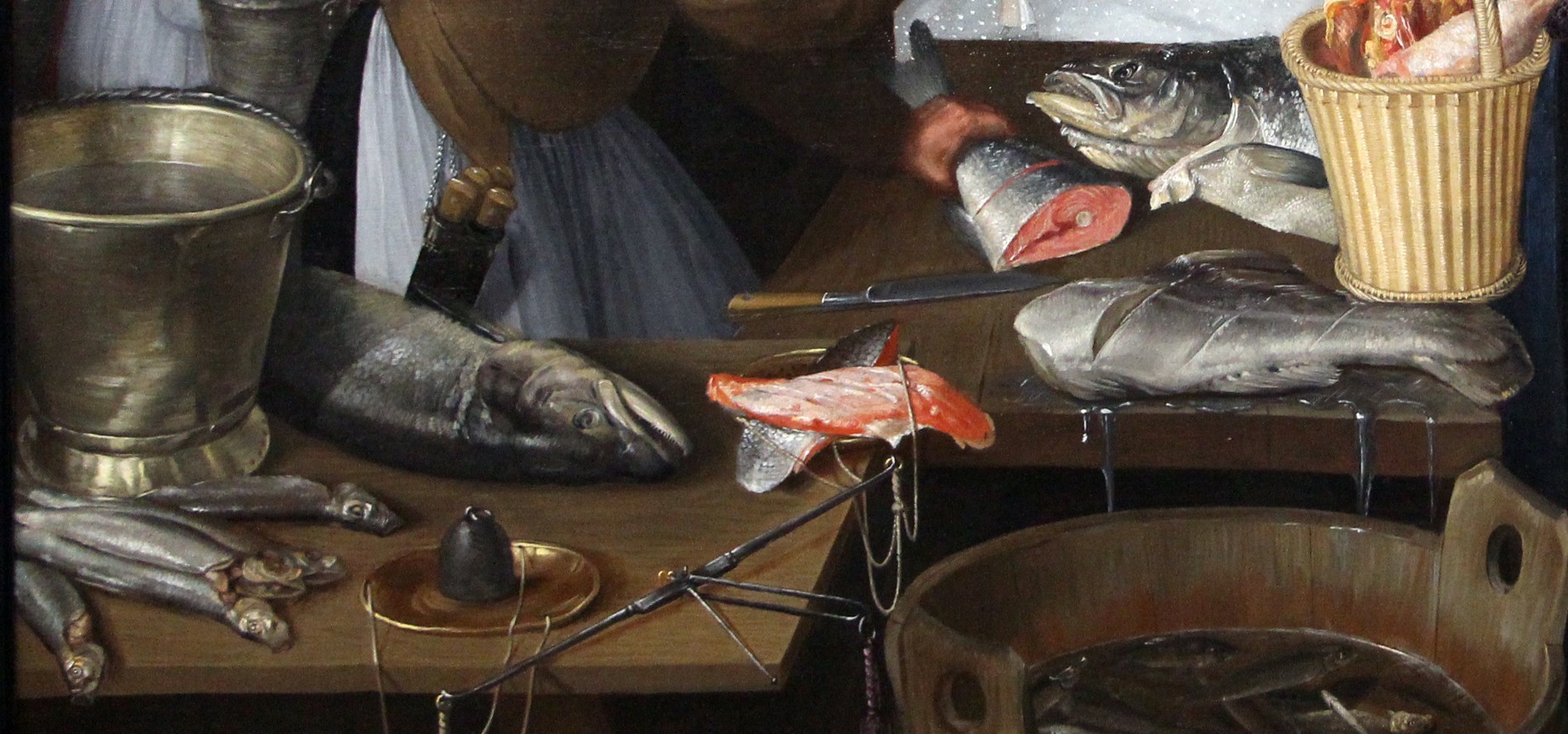 Painting of a fish market with various fish and a scale HD Wallpaper