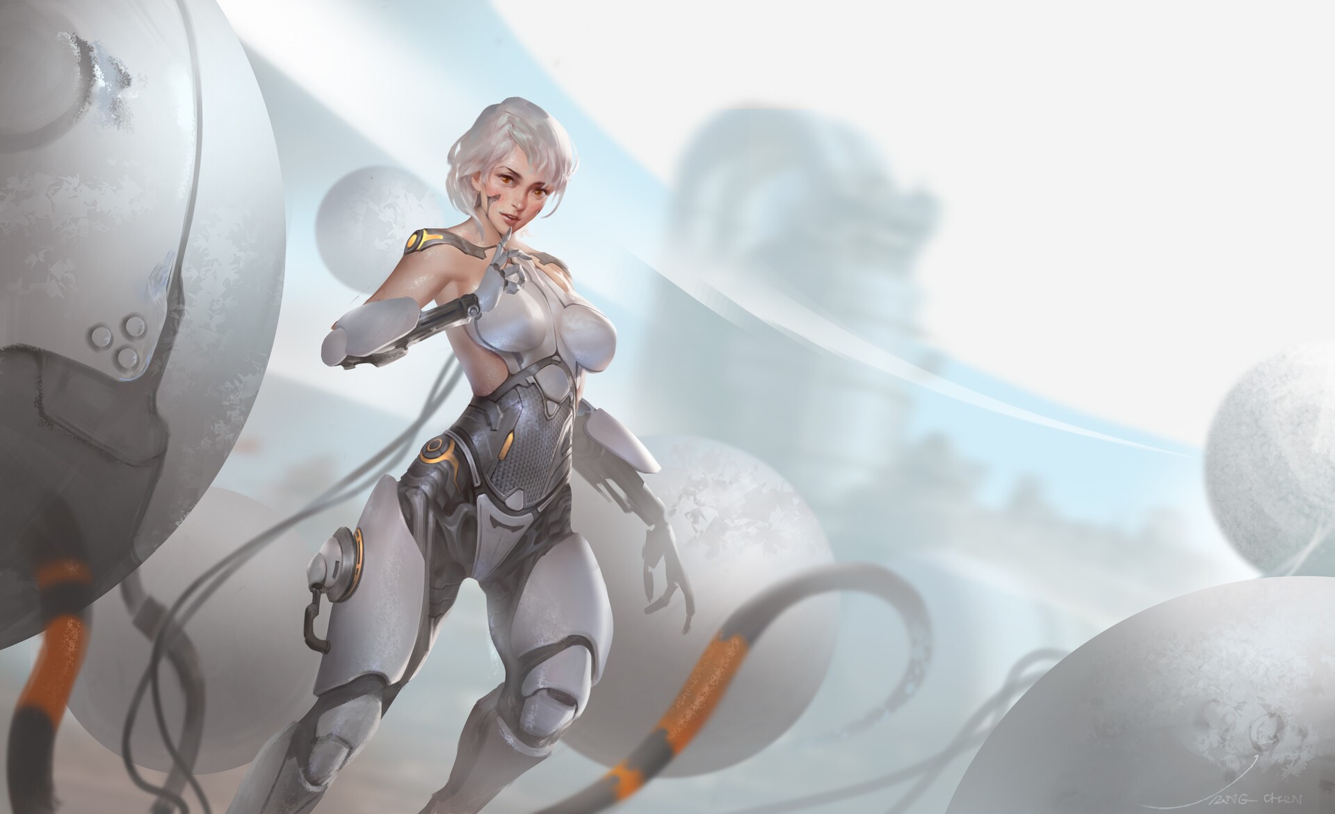 Cyborg woman with white hair in futuristic environment HD Wallpaper