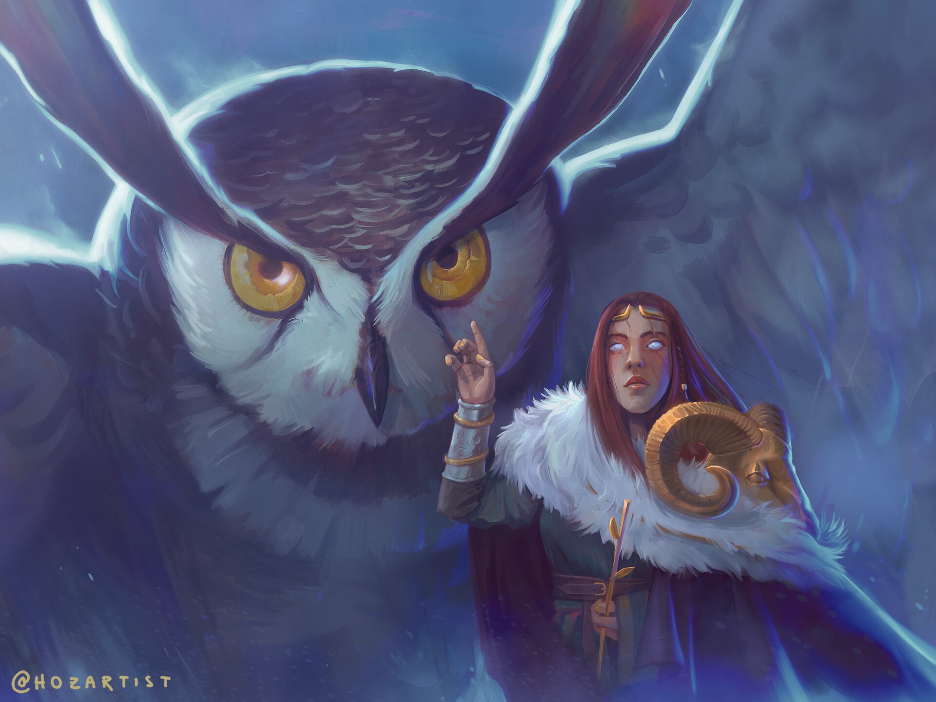 Fantasy girl with owl and ram horns HD Wallpaper