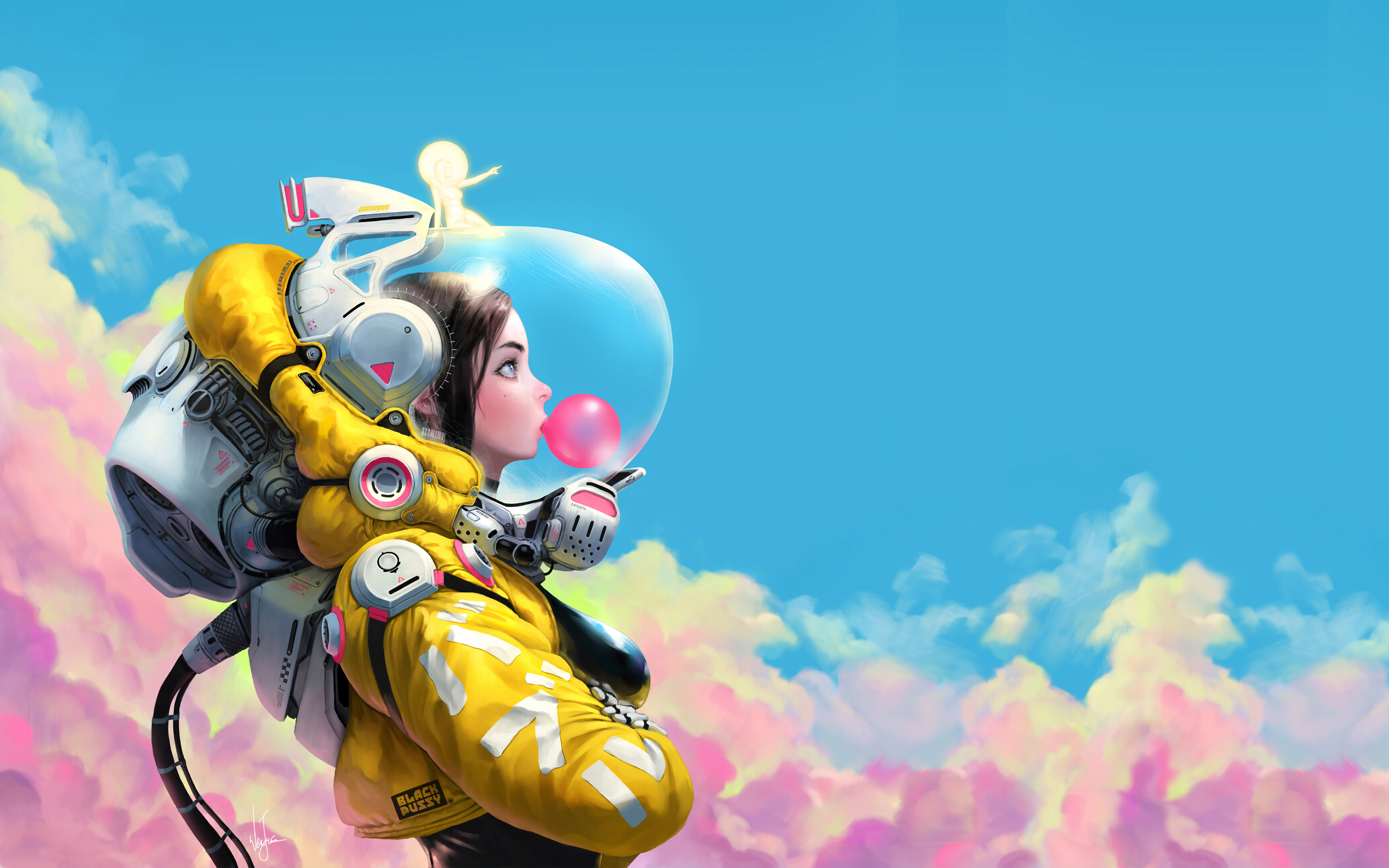 Woman in spacesuit blowing bubble gum HD Wallpaper