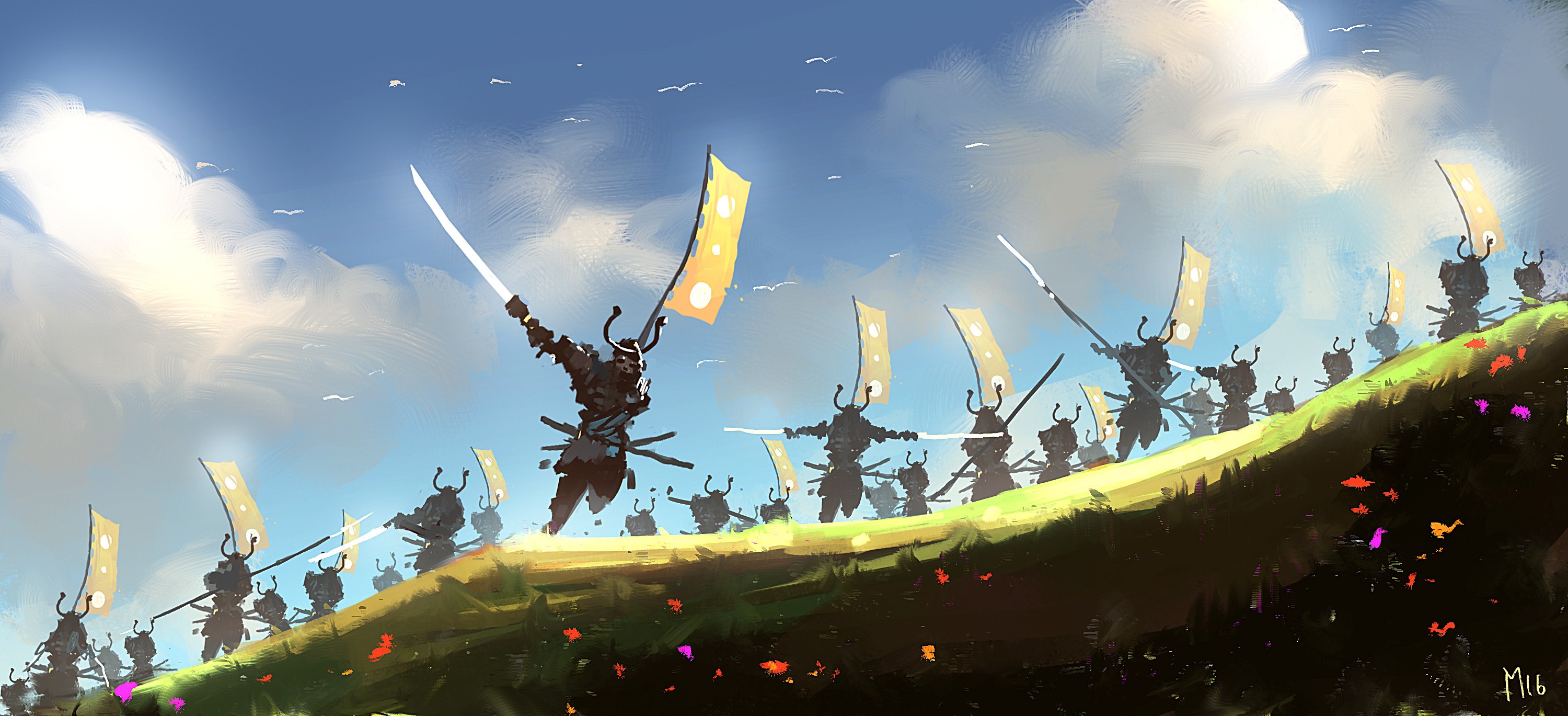 Samurai army with swords and flags on a grassy hill HD Wallpaper