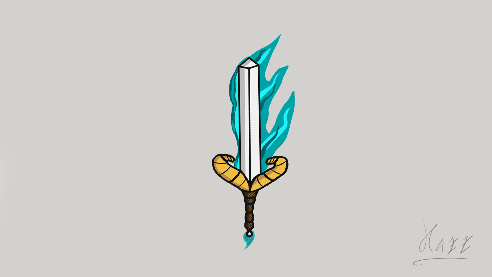 Fantasy sword with blue flames and golden hilt HD Wallpaper