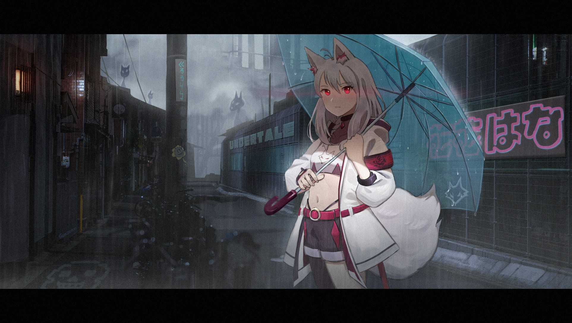 Anime girl with fox ears holding an umbrella in the rain HD Wallpaper