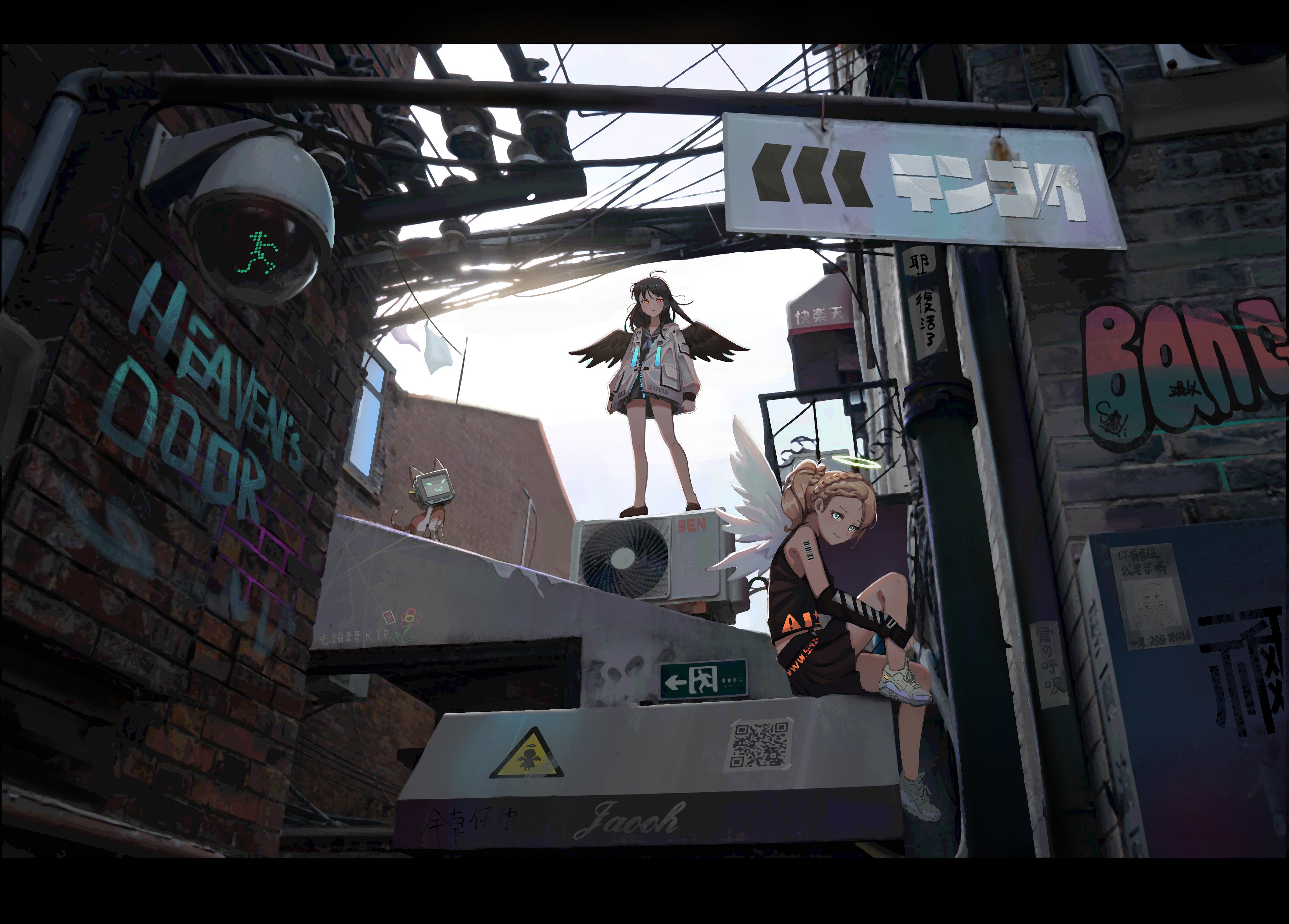 Anime girls with wings in a cyberpunk alley HD Wallpaper