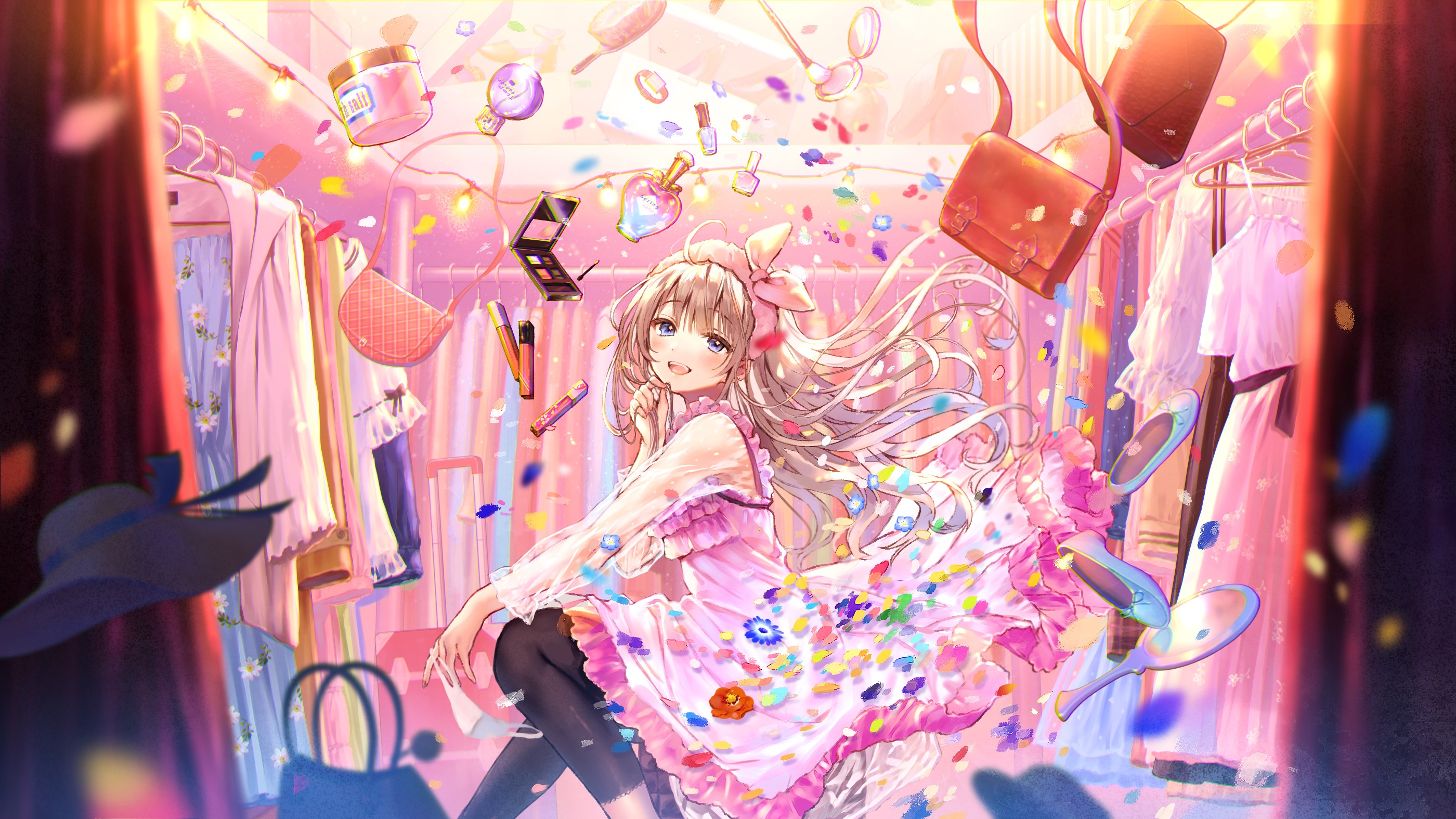 Anime girl in a pink dress surrounded by clothes and makeup HD Wallpaper