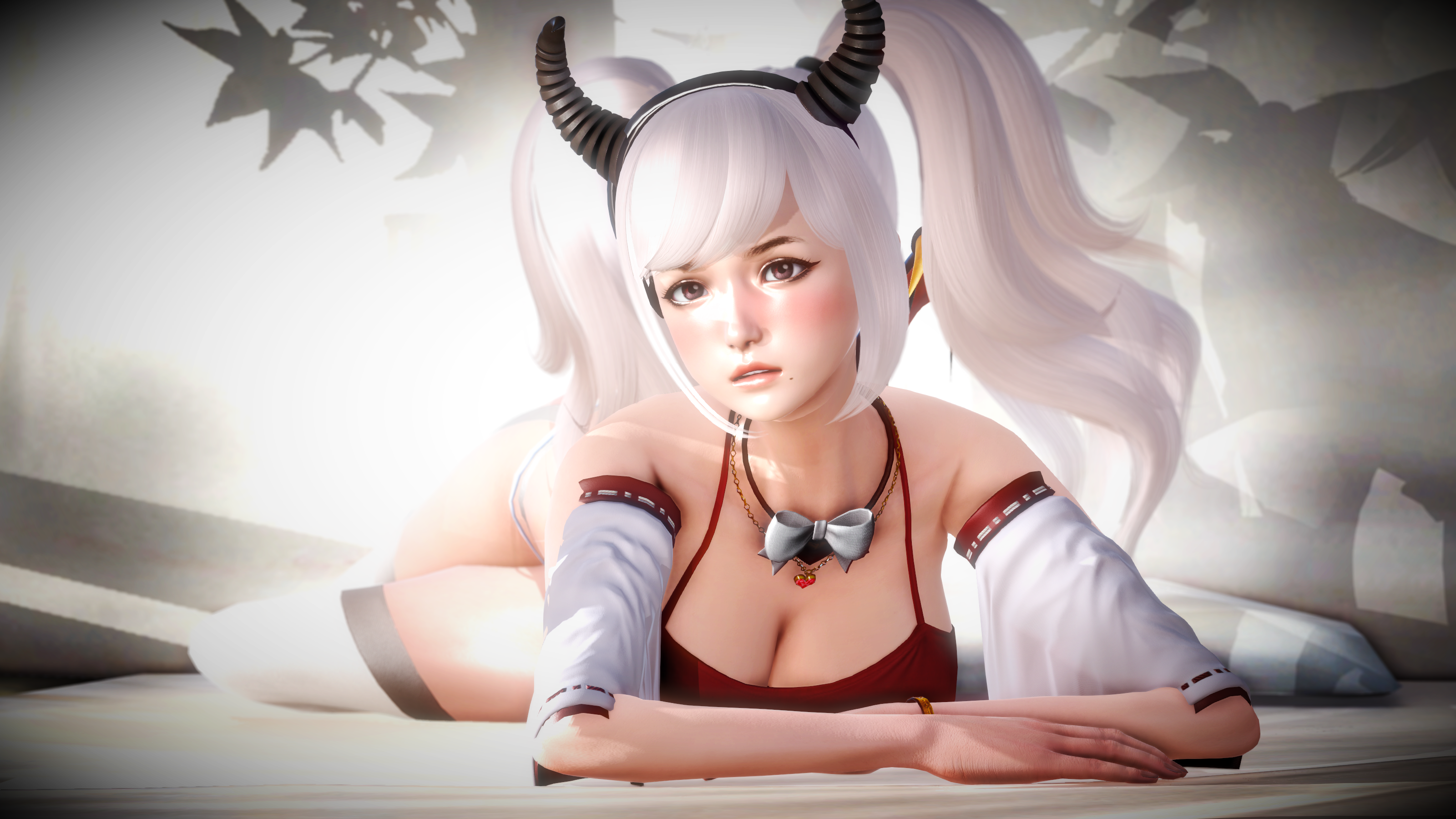 Fantasy girl with white twintails and horns HD Wallpaper