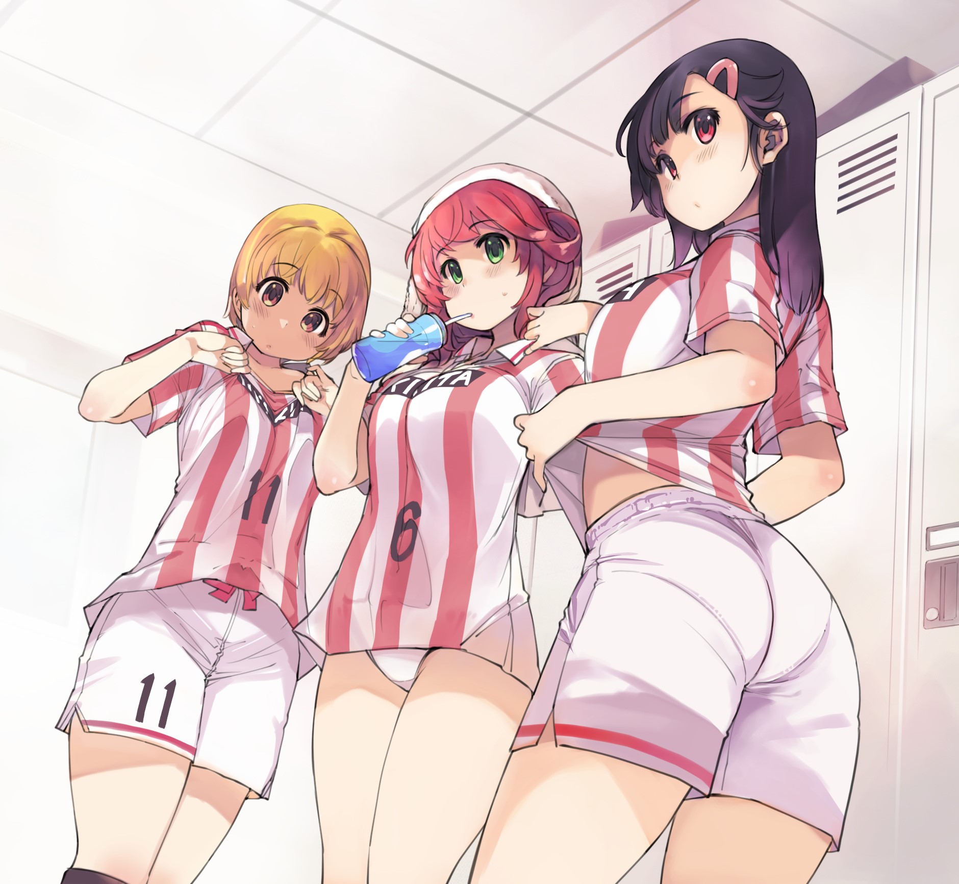 Anime girls in sportswear in a locker room HD Wallpaper