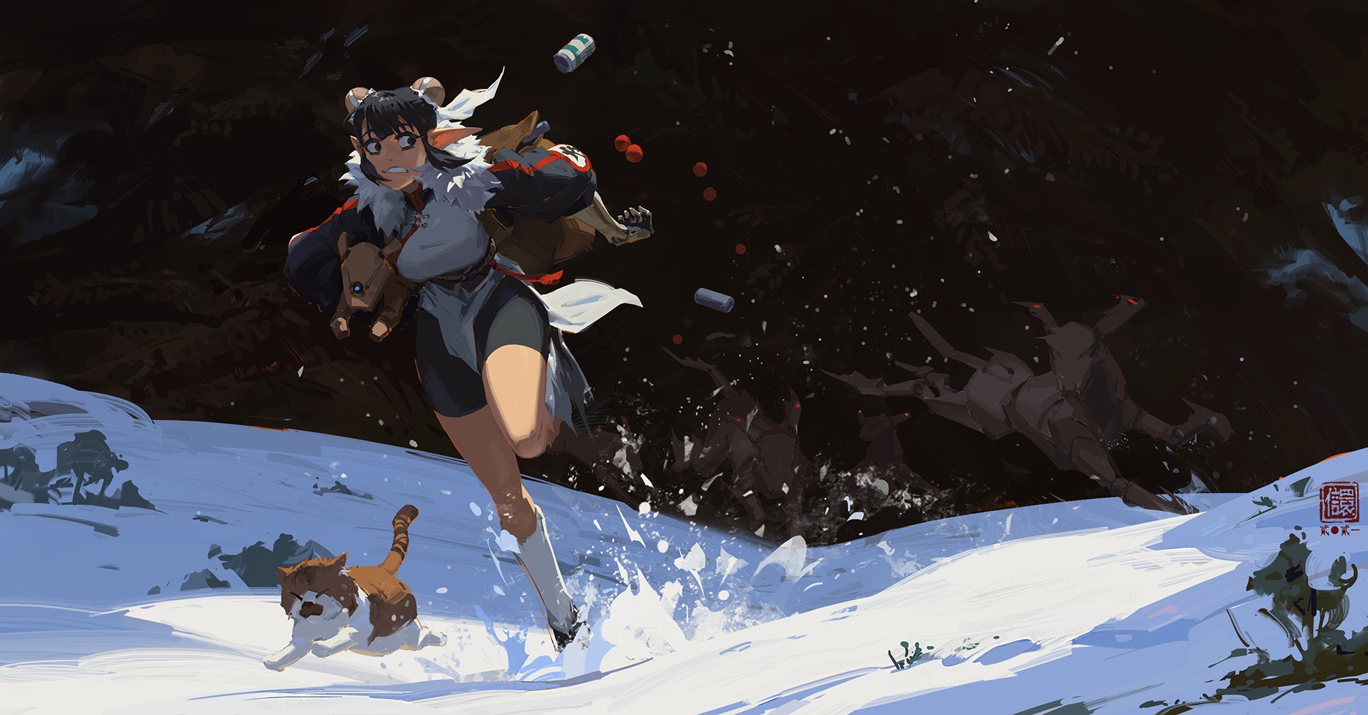 Fantasy girl running from creatures in snow with cat HD Wallpaper