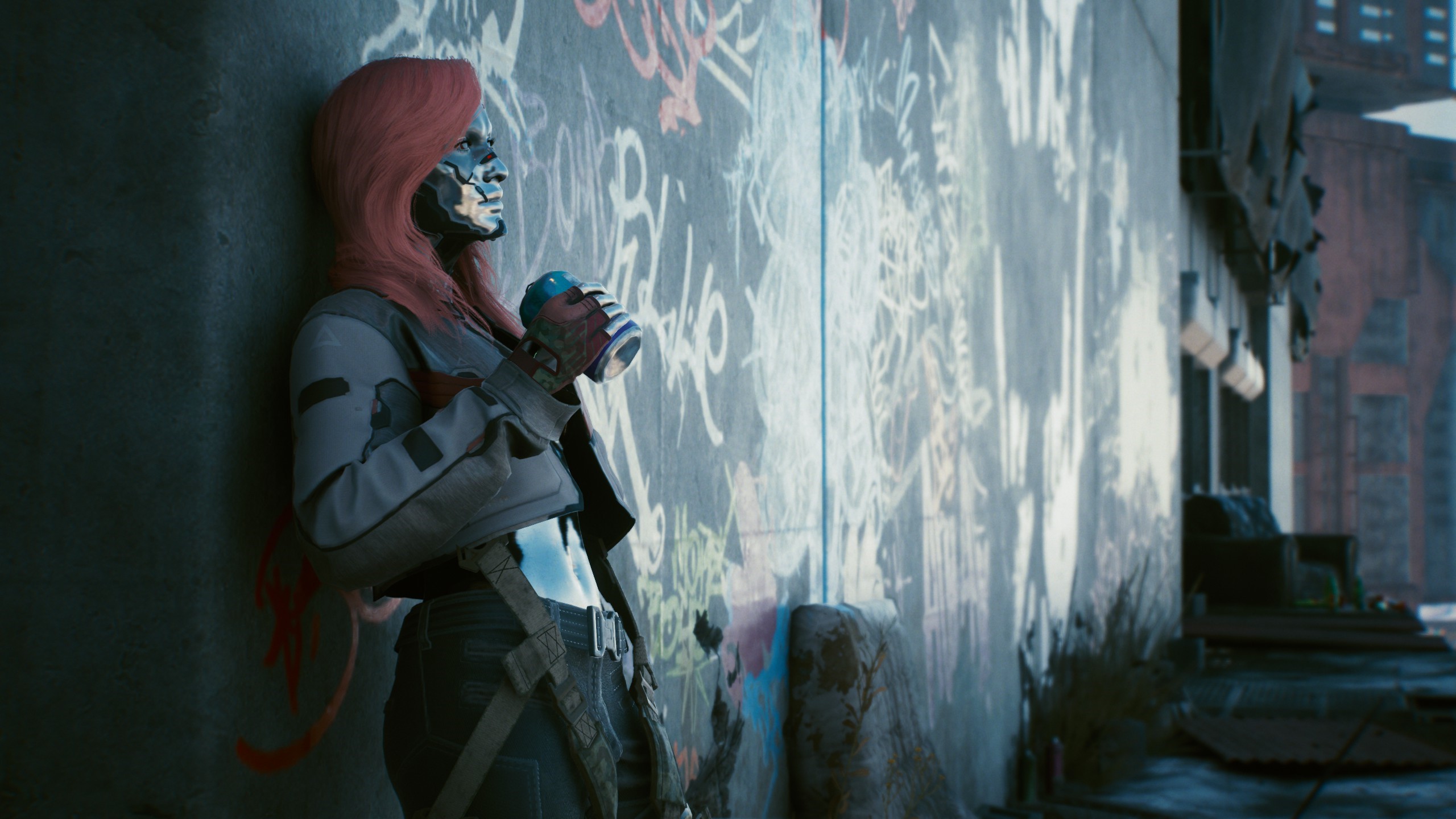 Female character from Cyberpunk 2077 holding a drink HD Wallpaper