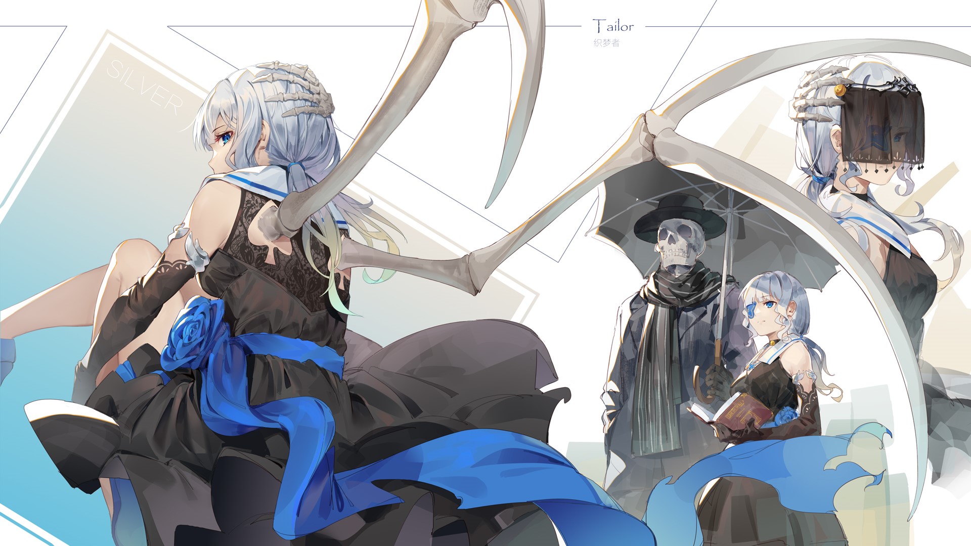 Anime girls with skeleton figures and scythes HD Wallpaper