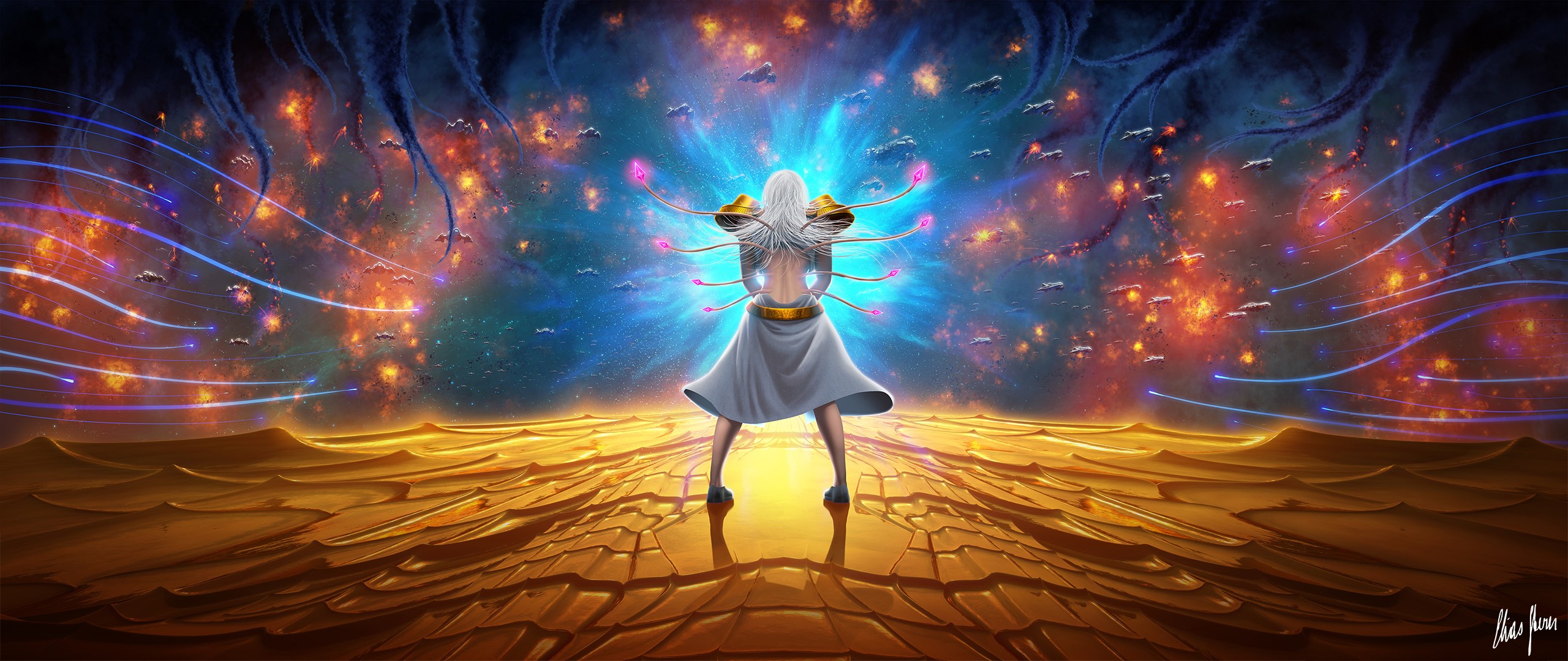 Woman with glowing tendrils in a cosmic battle HD Wallpaper