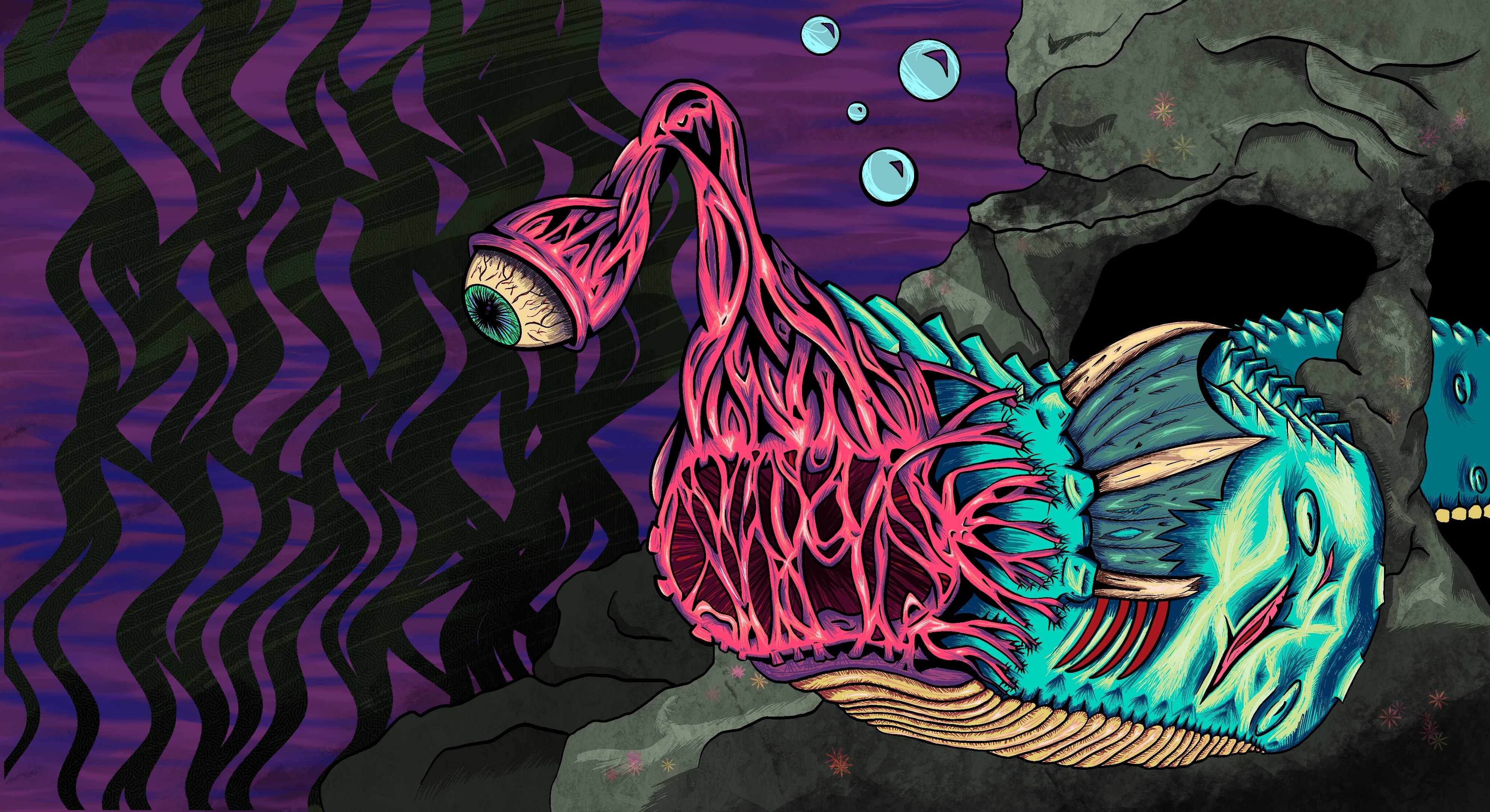 Artwork of a sea monster in a cave HD Wallpaper