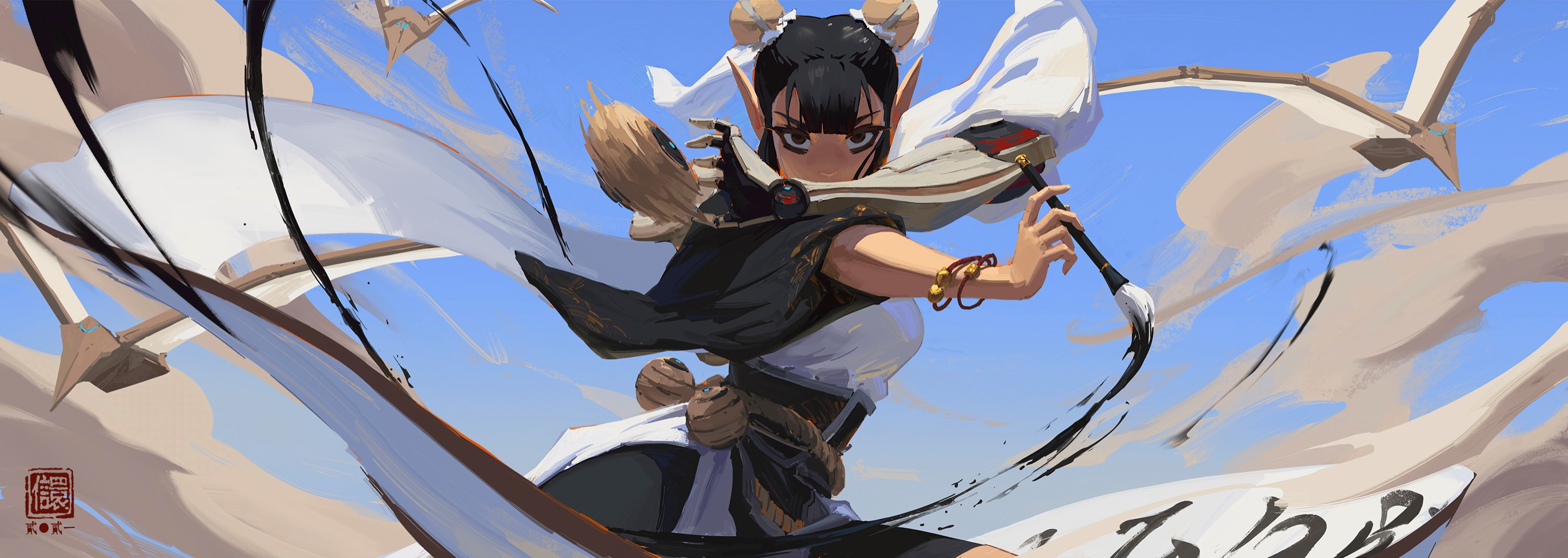 Fantasy girl with paint brushes and scrolls HD Wallpaper