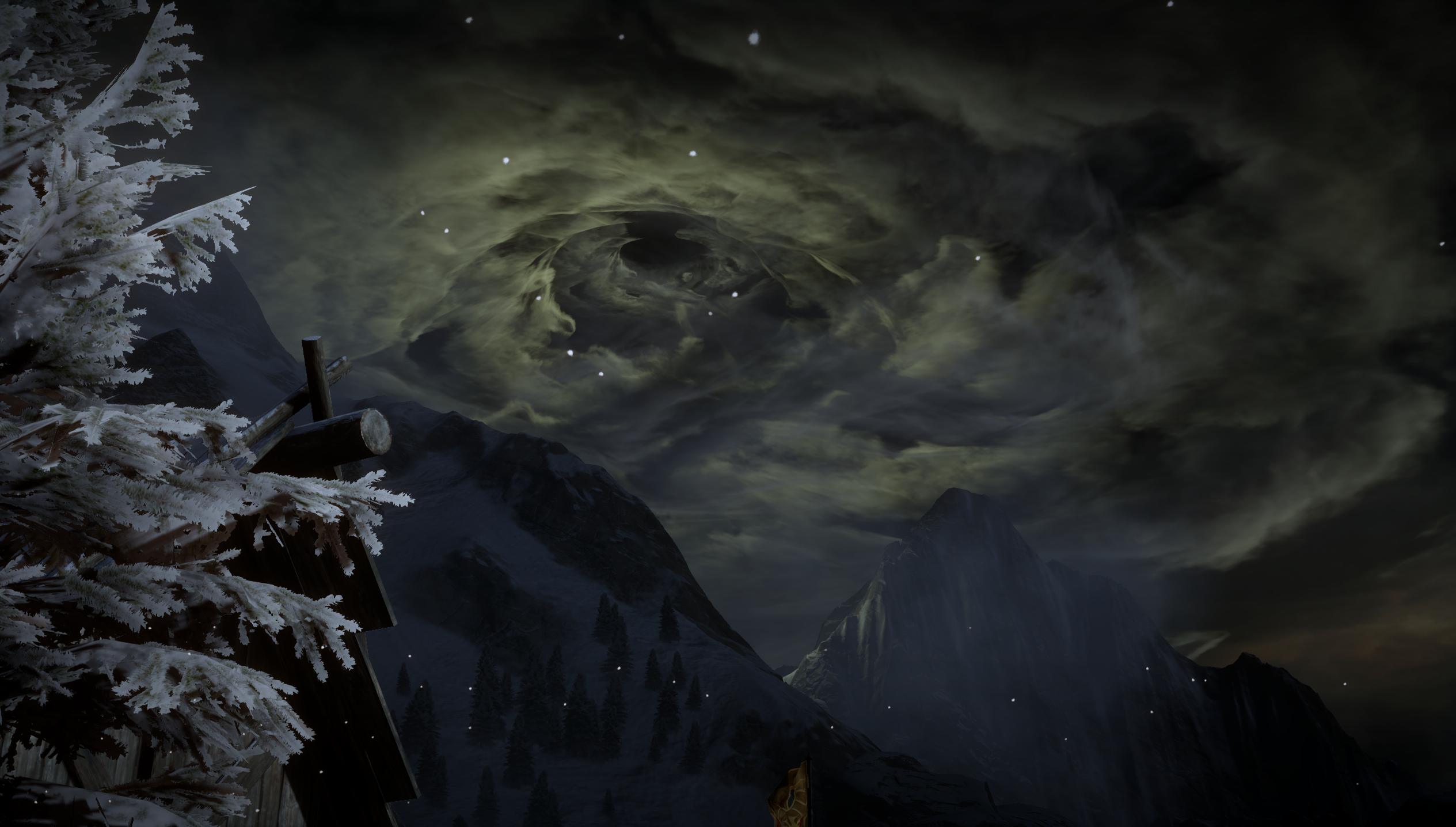 Dragon Age: Inquisition landscape with snowy trees and stormy sky HD Wallpaper