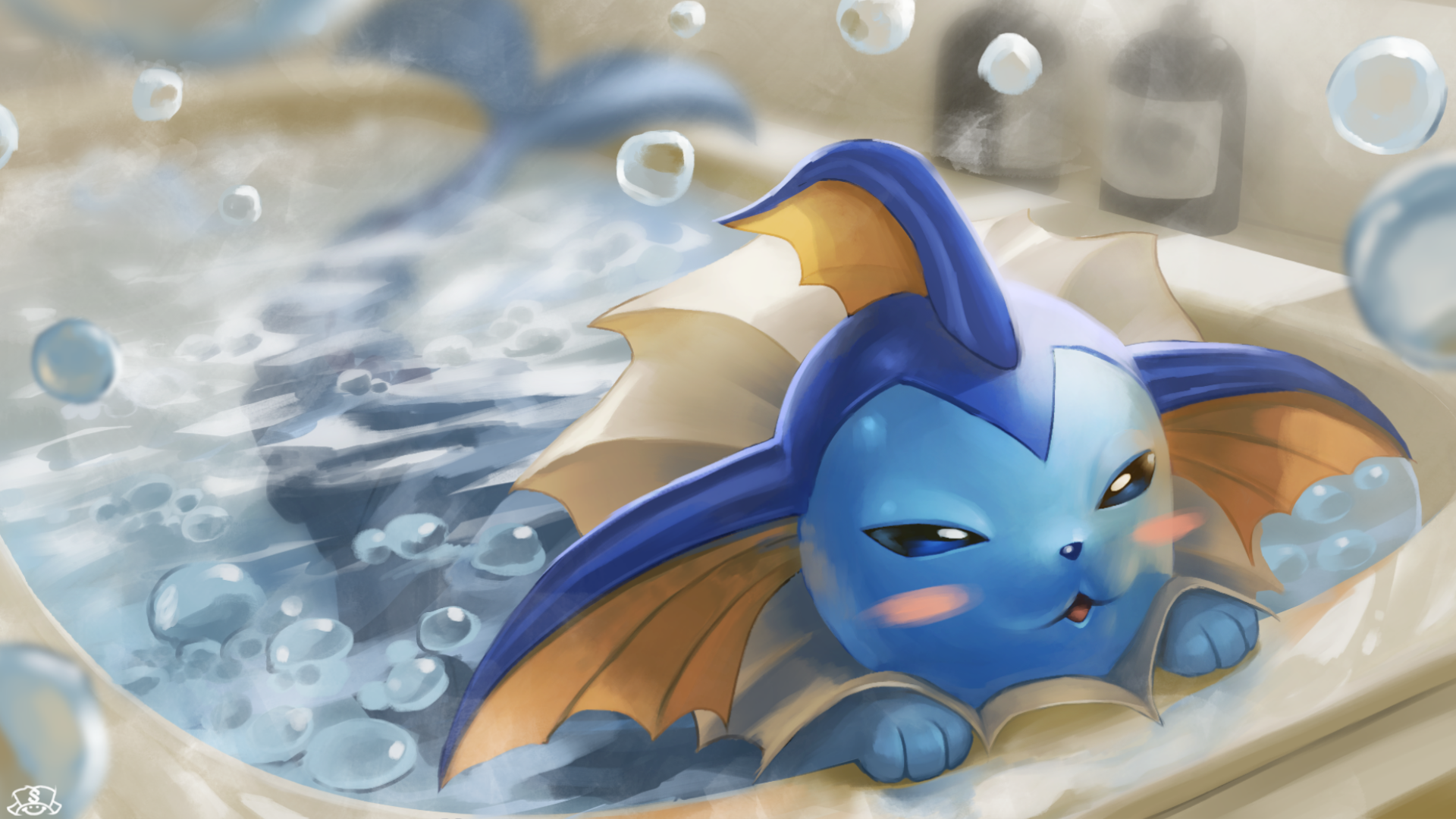 Vaporeon from Pokémon in a bathtub HD Wallpaper