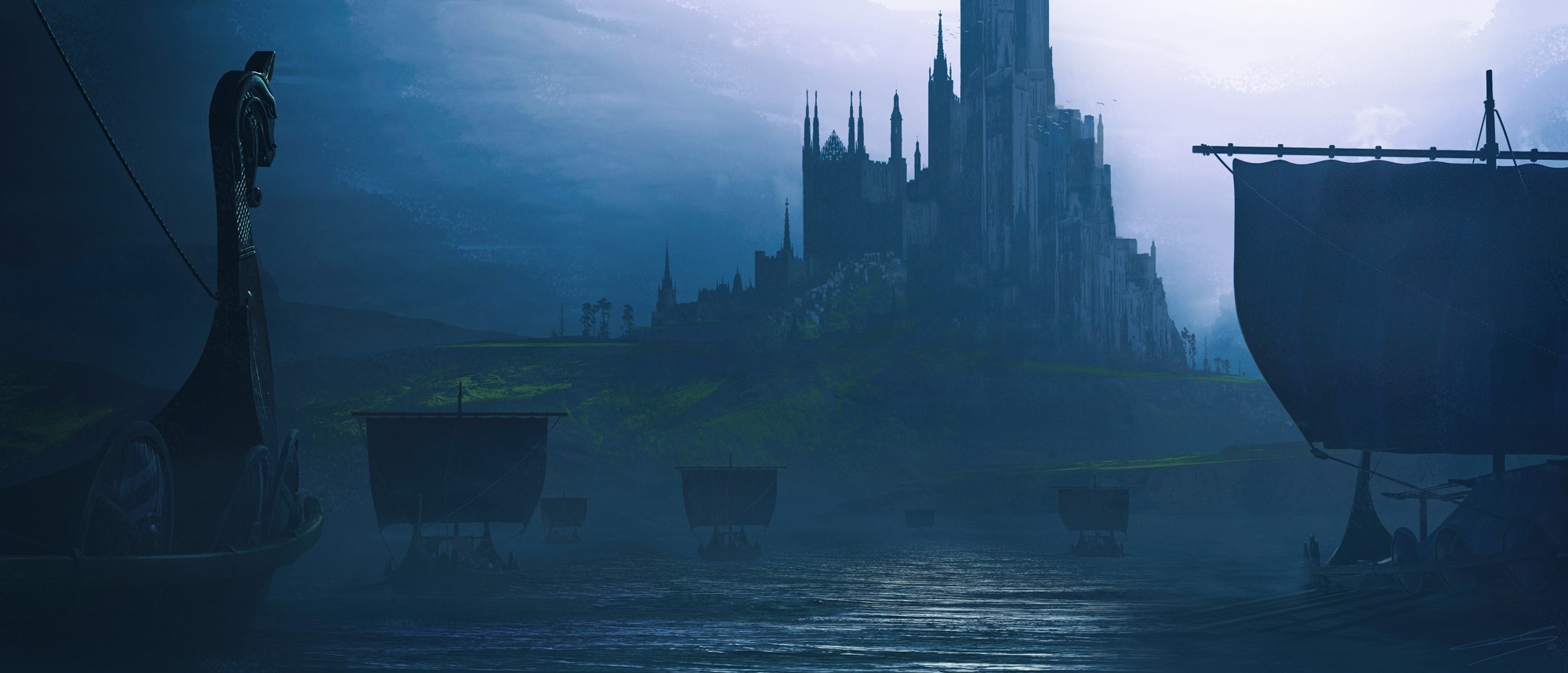 Viking ships approach a grand castle on a misty day HD Wallpaper