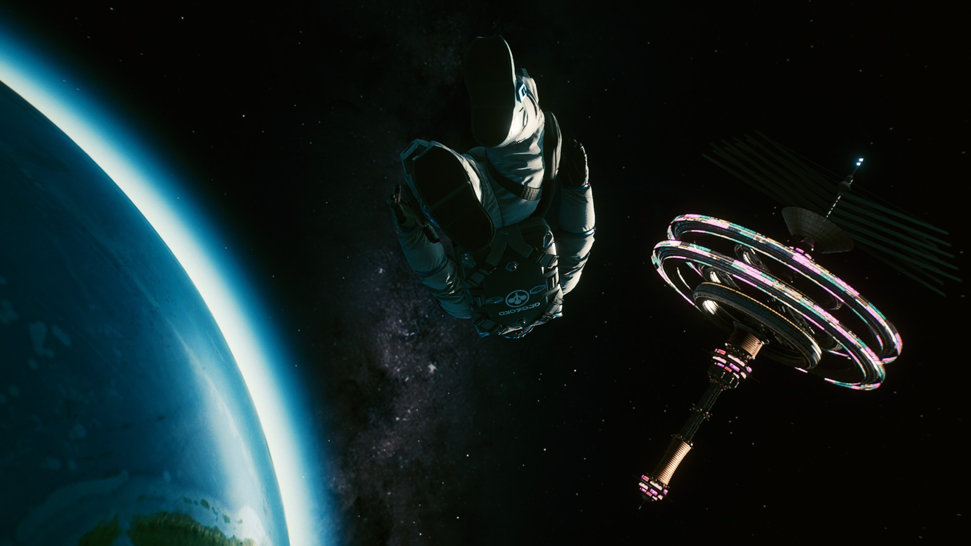 Astronaut and space station near planet in Cyberpunk 2077 HD Wallpaper