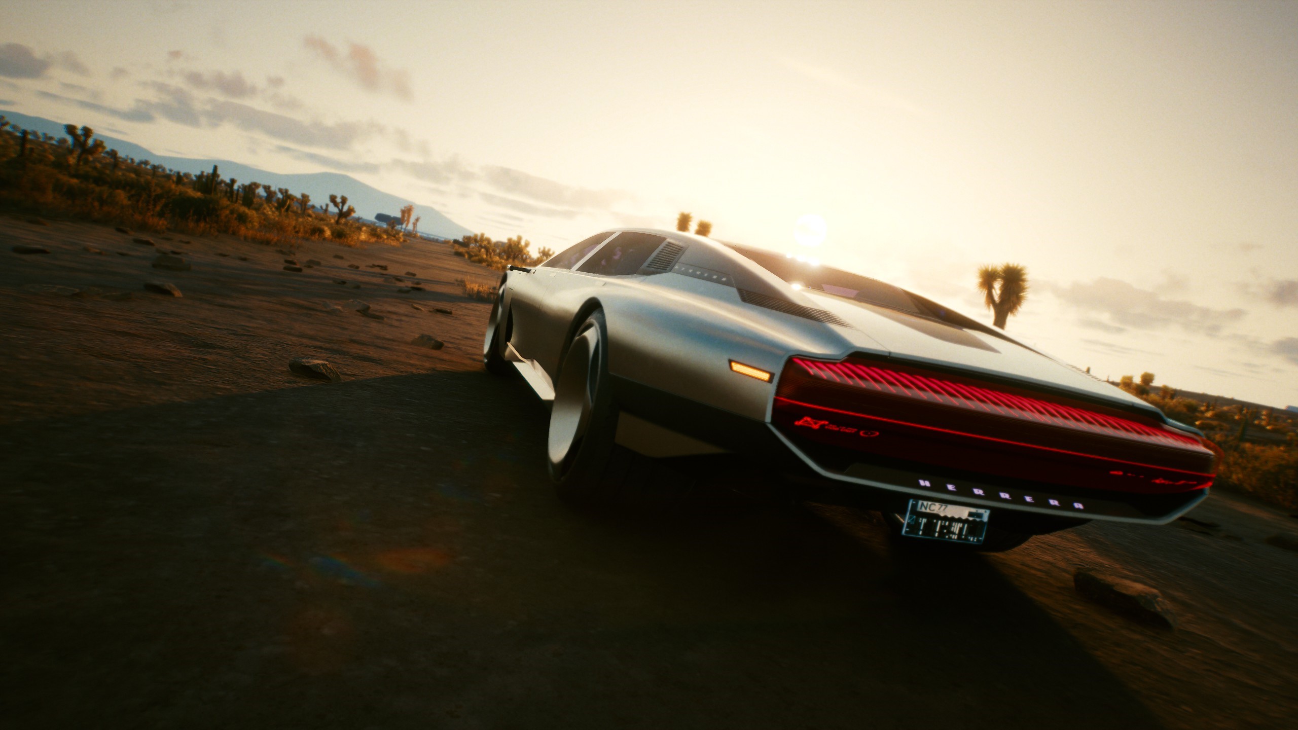 Cyberpunk 2077 futuristic car in desert landscape HD Wallpaper