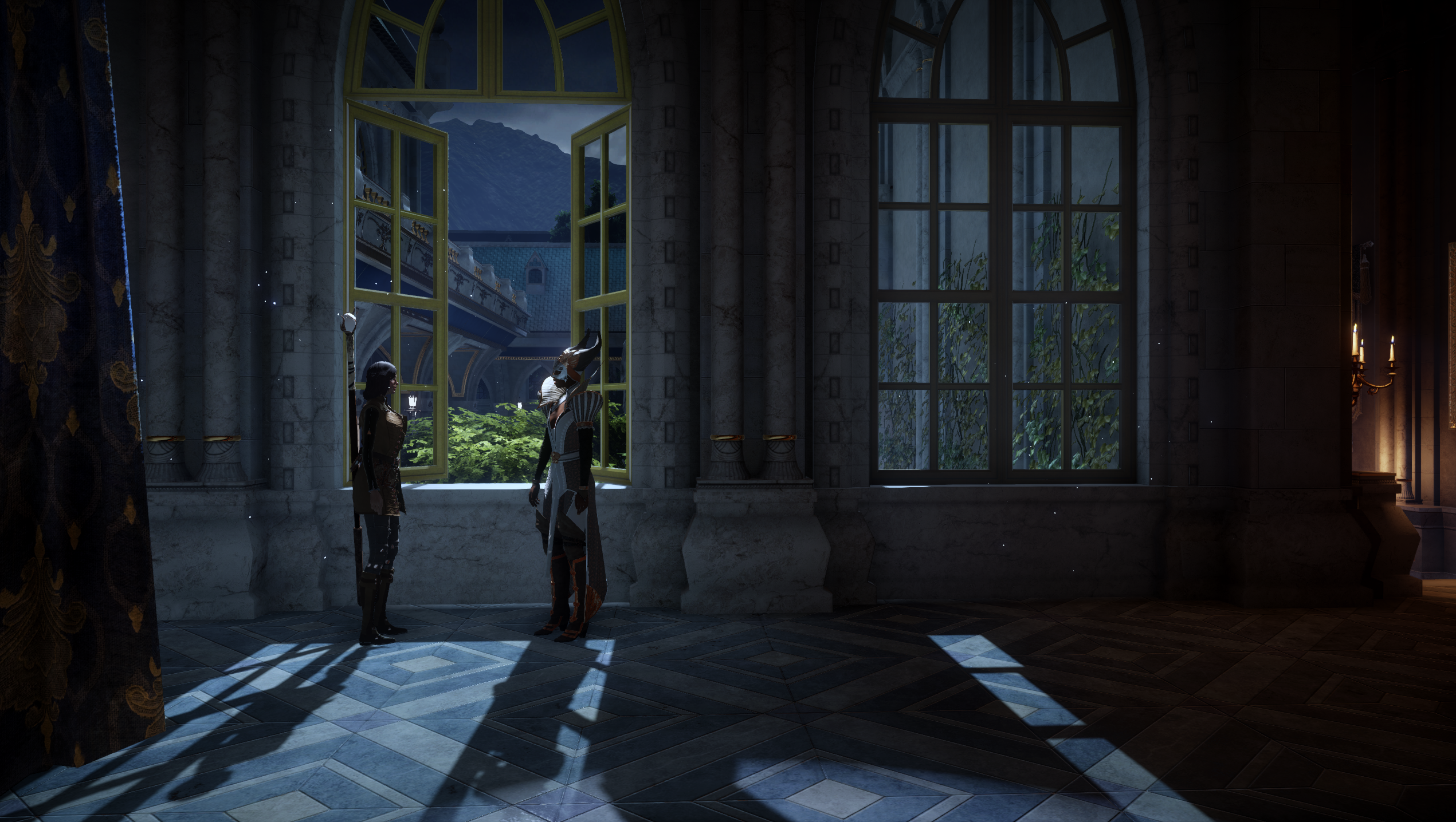 Two characters in a grand hall with large windows HD Wallpaper