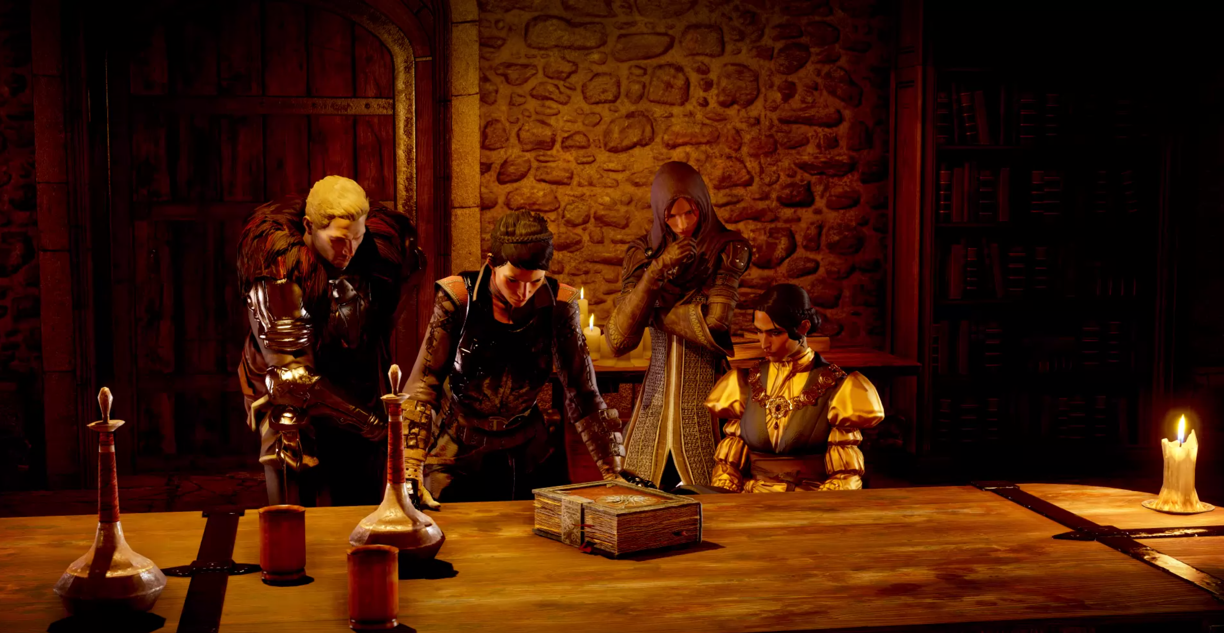 Dragon Age: Inquisition characters gathered around a table HD Wallpaper