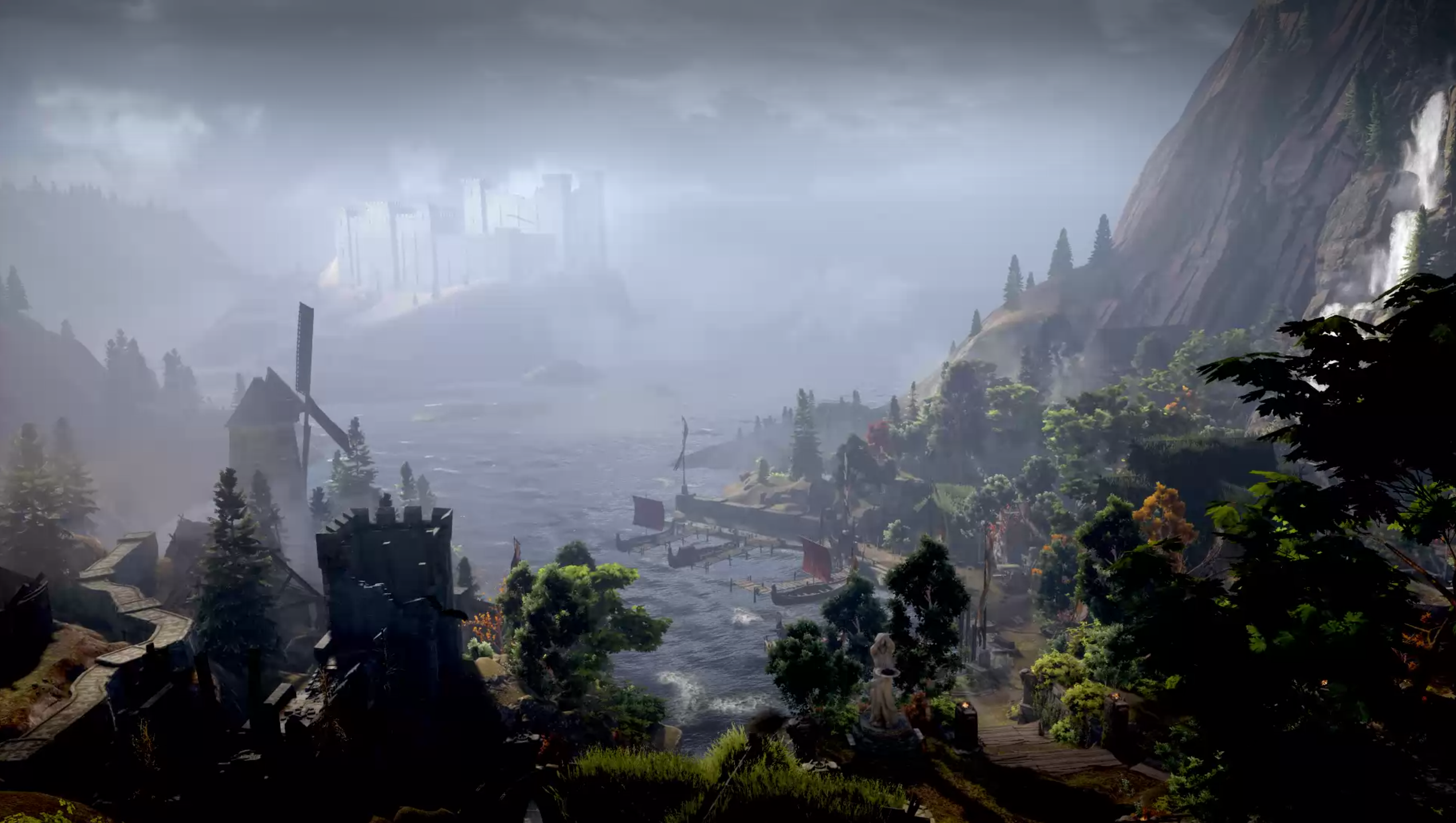 Dragon Age: Inquisition landscape with castle and waterfall HD Wallpaper