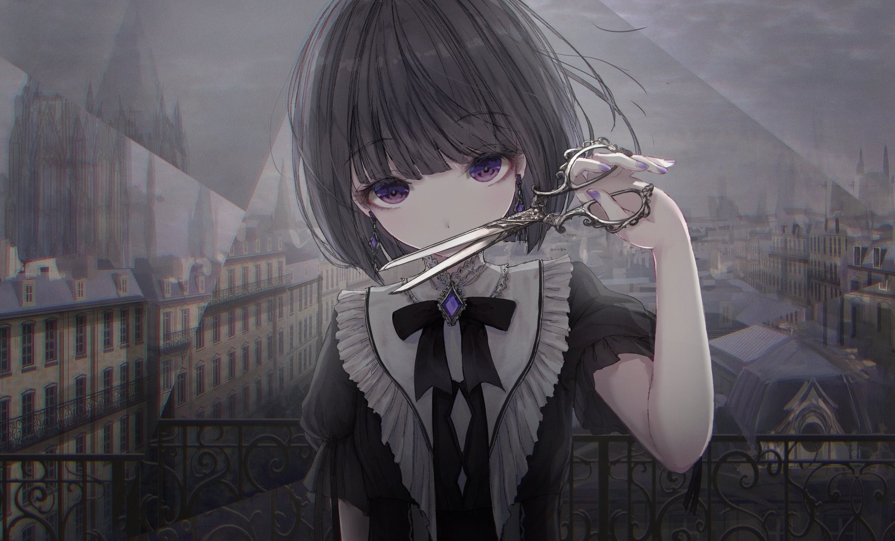 Anime Girl with Scissors and Purple Eyes HD Wallpaper