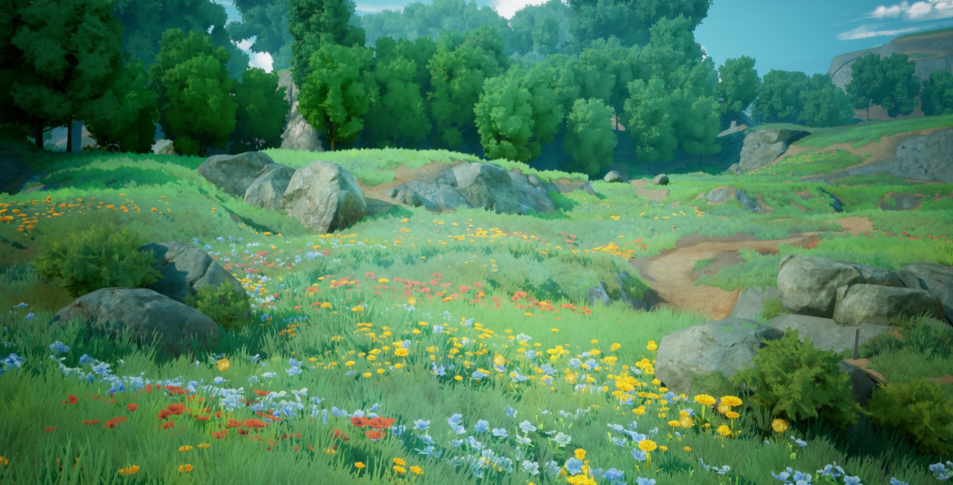 A vibrant meadow with wildflowers and rocks HD Wallpaper
