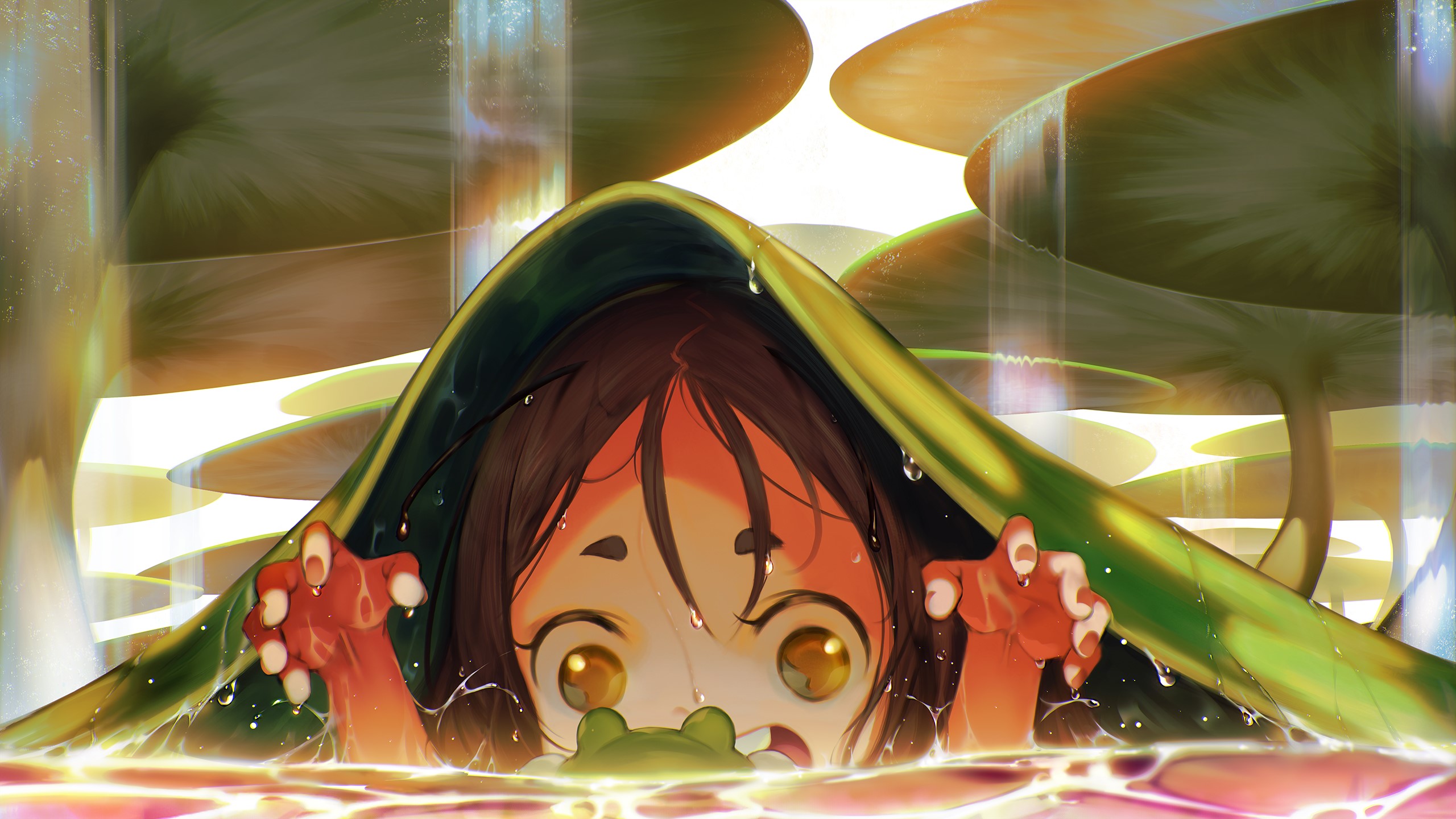 Anime girl hiding under a leaf with a frog HD Wallpaper