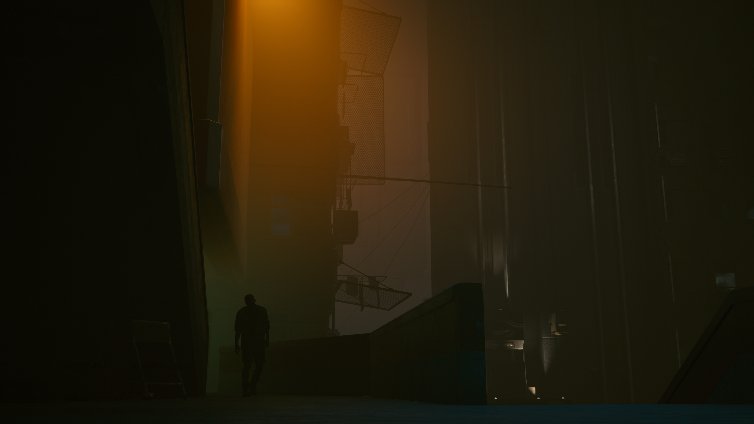 Cyberpunk 2077 character in a dark, foggy city HD Wallpaper